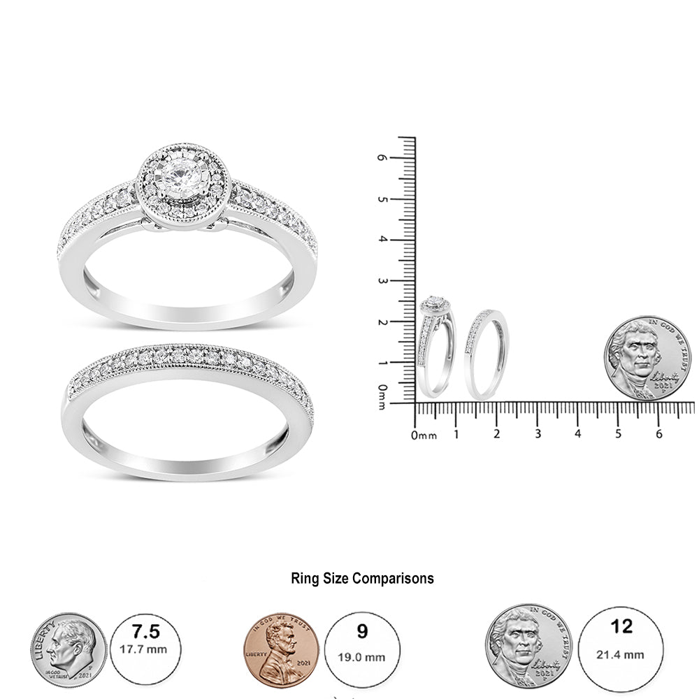 .925 Sterling Silver 1/2 Ctw Diamond Halo and Milgrain Engagement Ring Bridal Set (I-J Color, I3 Clarity) - Friggin Jewelry