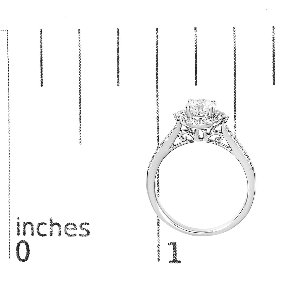 Anello di fidanzamento con alone ovale in oro bianco 14 carati con diamanti coltivati ​​in laboratorio da 1,00 ct (colore FG, purezza VS1-VS2) - Friggin Jewelry