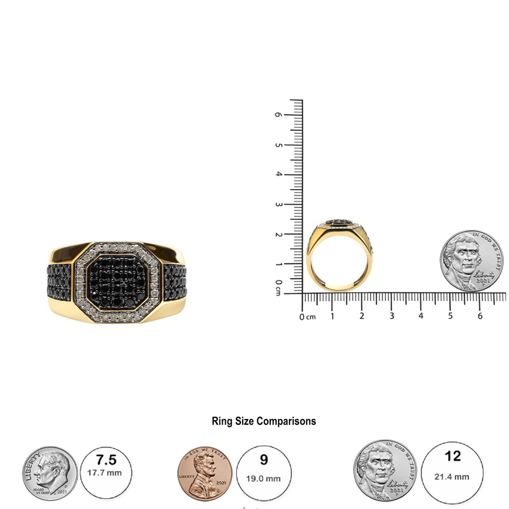 Anillo de sello para hombre en plata de ley 925 bañada en oro amarillo de 14 quilates con diamantes blancos y negros de 1 1/4 quilates (color negro/IJ, claridad I2-I3) - Friggin Jewelry