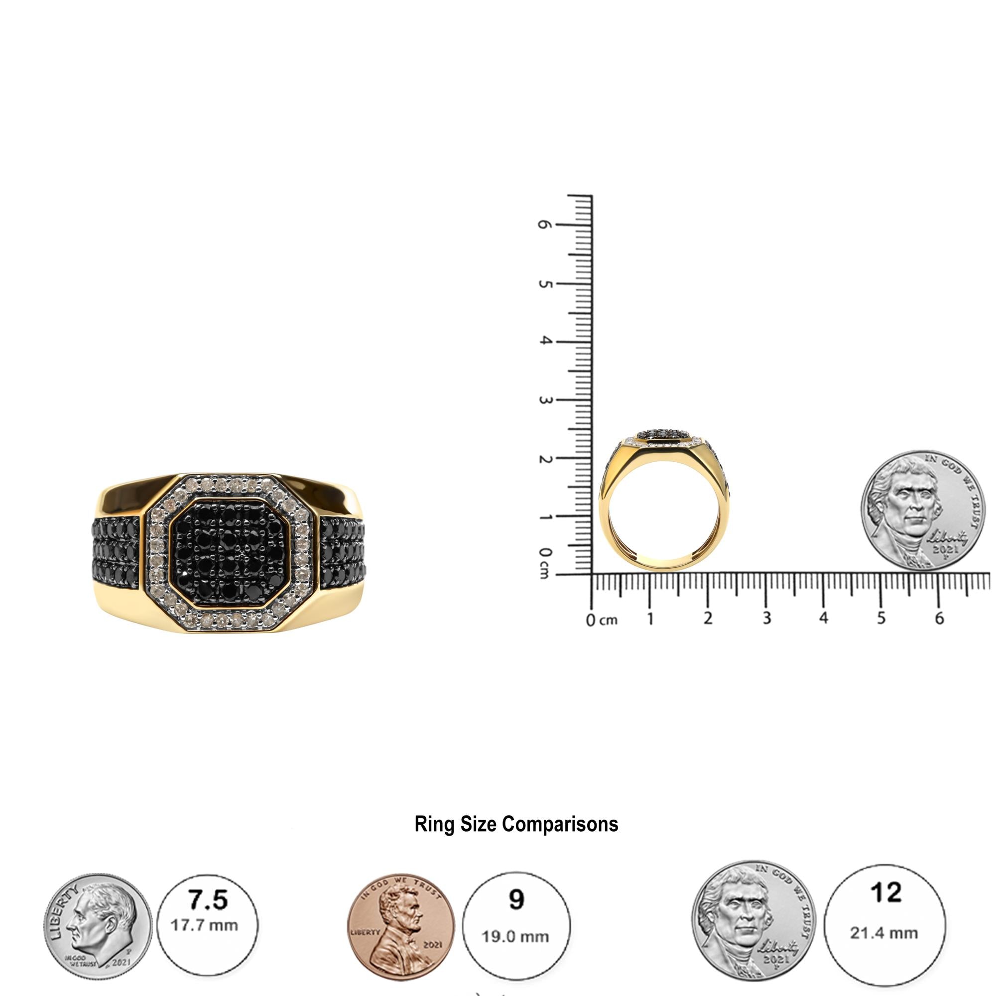 Anillo de sello para hombre en plata de ley 925 bañada en oro amarillo de 14 quilates con diamantes blancos y negros de 1 1/4 quilates (color negro/IJ, claridad I2-I3) - Friggin Jewelry