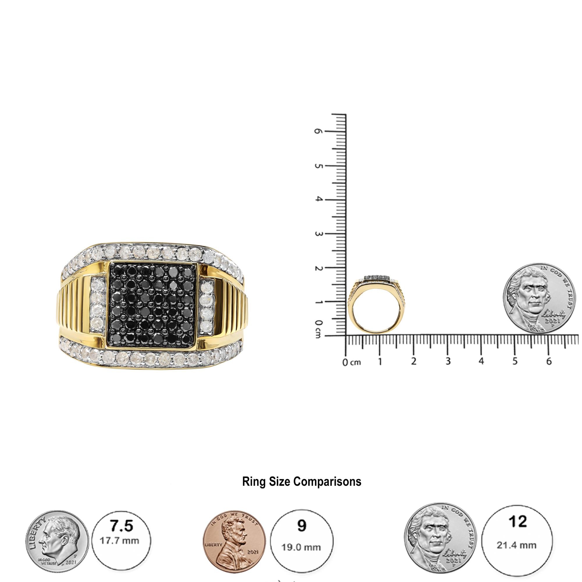 Anillo para hombre en plata de ley 925 bañada en oro amarillo de 14 quilates con diamantes blancos y negros de 1 1/2 quilates (color negro/IJ, claridad I2-I3) - Friggin Jewelry