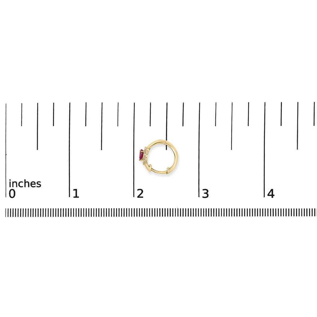 10K Yellow Gold Pear Cut Red Ruby 4x3 mm and 1/10 Cttw Round Diamond Huggy Earrings (I-J Color, I1-I2 Clarity) - Friggin Jewelry