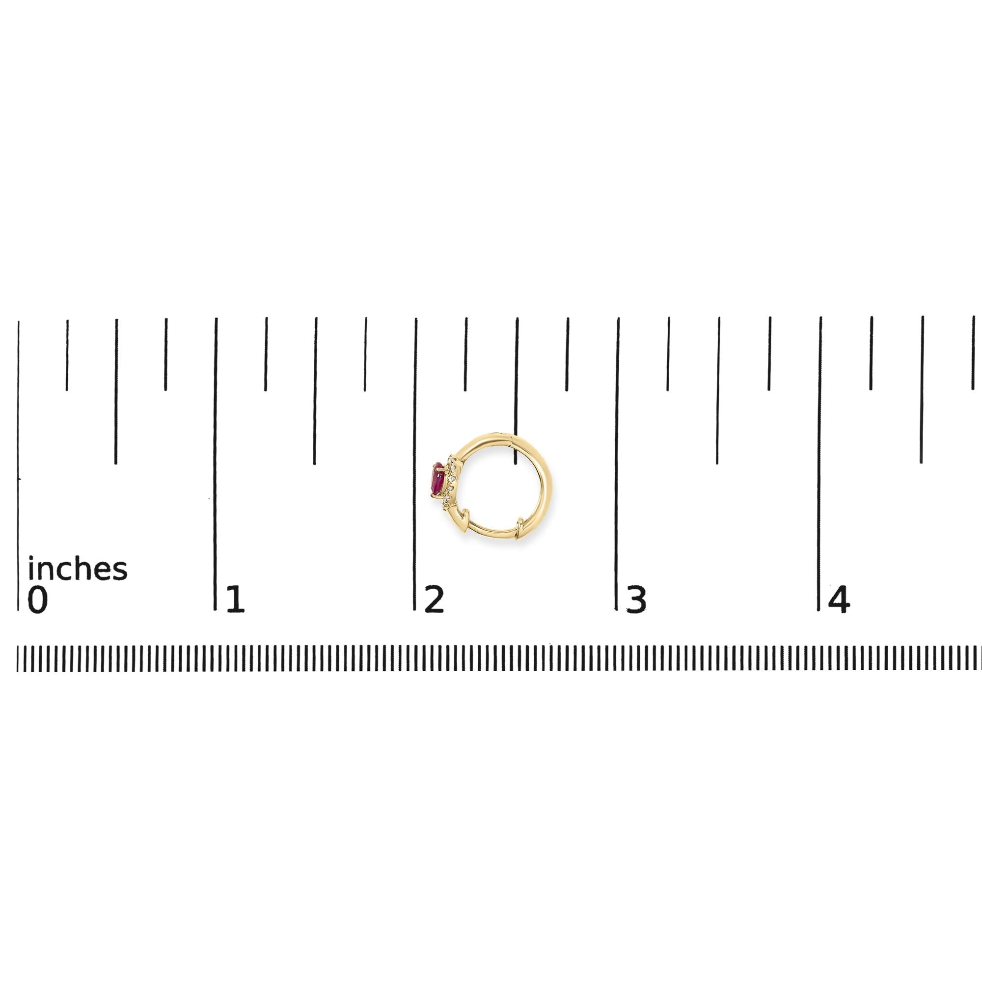 10K Yellow Gold Pear Cut Red Ruby 4x3 mm and 1/10 Cttw Round Diamond Huggy Earrings (I-J Color, I1-I2 Clarity) - Friggin Jewelry