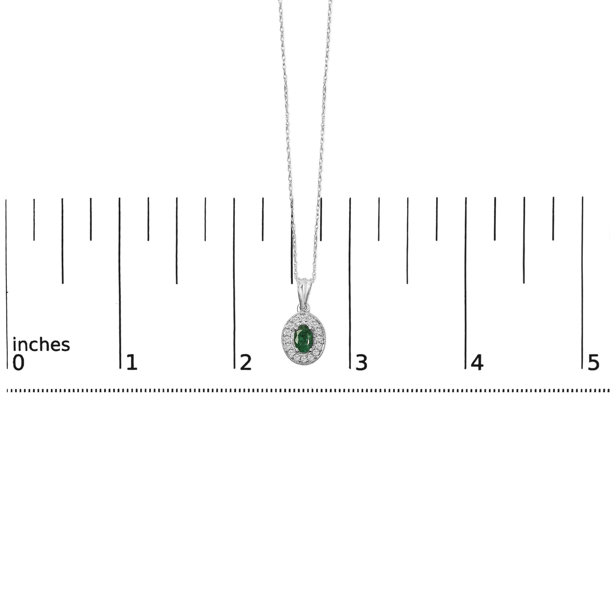 14K White Gold Oval 6x4 MM Green Emerald and Diamond Halo Pendant Necklace - 18 inch - Friggin Jewelry