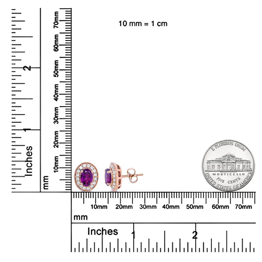 14K Rose Gold 7x5mm Oval Cut Garnet and 3/8 Cttw Round Diamond Halo Stud Earrings (G-H Color, SI1-SI2 Clarity) - Friggin Jewelry