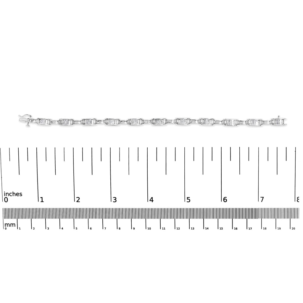 14K White Gold 1.0 Cttw Invisible Set Princess Diamond Alternating Link Tennis Bracelet (I-J Color, I1-I2 Clarity) - 7.25" - Friggin Jewelry