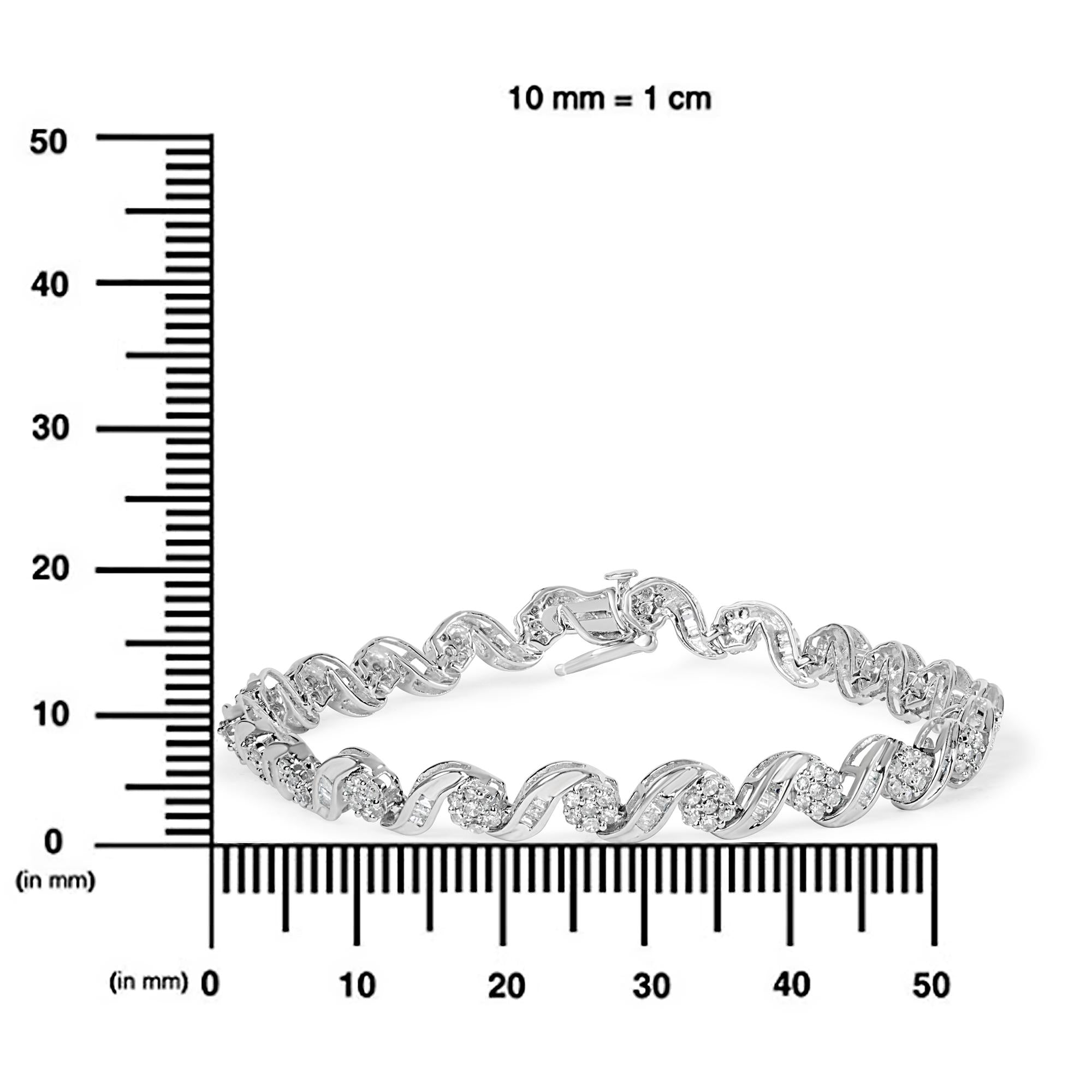 10K White Gold 2.00 Cttw Round-Cut and Baguette-Cut Diamond Floral Design Swirl Link 7" Bracelet (I-J Color, I1-I2 Clarity) - Friggin Jewelry Premium