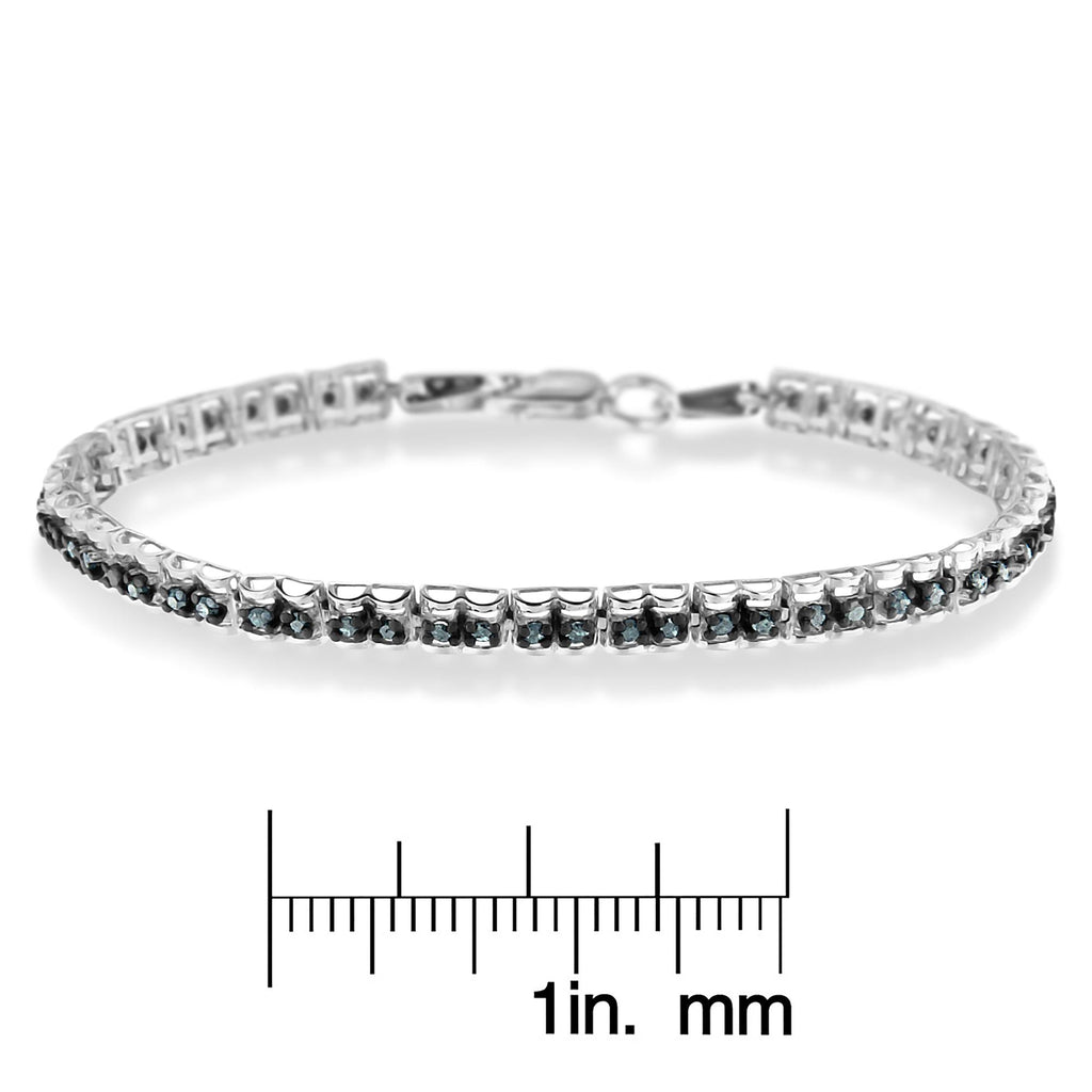 Black Rhodium over .925 Sterling Silver 1.0 Cttw Rose Cut Diamond Double-Link 7" Tennis Bracelet (Blue Color, I1-I2 Clarity) - Friggin Jewelry