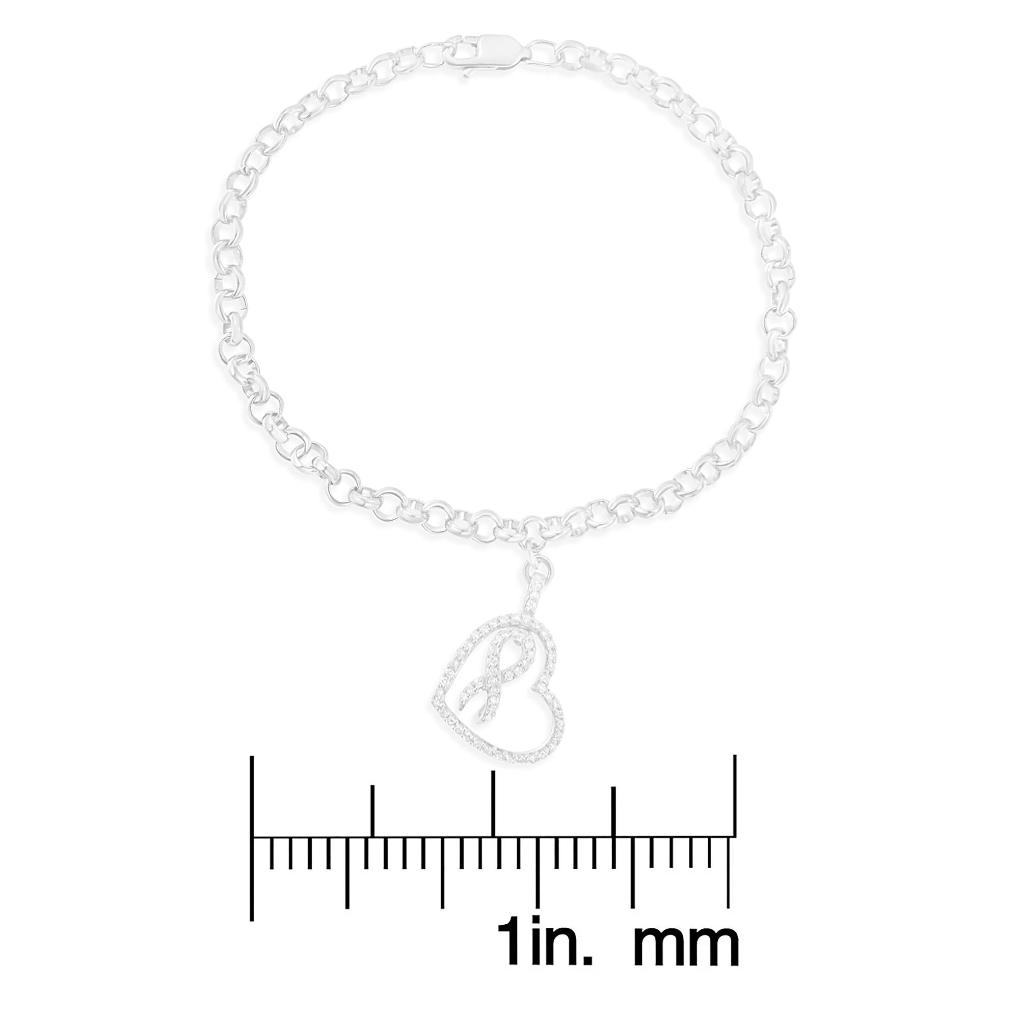 .925 Sterling Silver 1/4 Cttw Diamond-Accented Heart and Ribbon Charm 7" Link Chain Bracelet (H-I Color, I1-I2 Clarity) - Friggin Jewelry