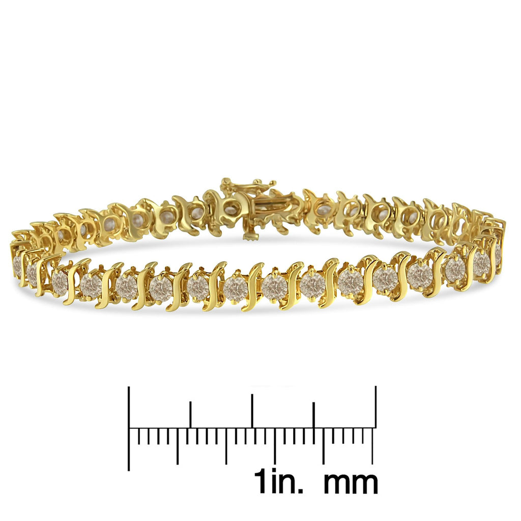 10K Yellow Gold Plated .925 Sterling Silver 7.0 cttw 2-Prong Set Round Brilliant Cut Diamond "S" Link Bracelet (J-K color, I1-I2 clarity) - 7" - Friggin Jewelry