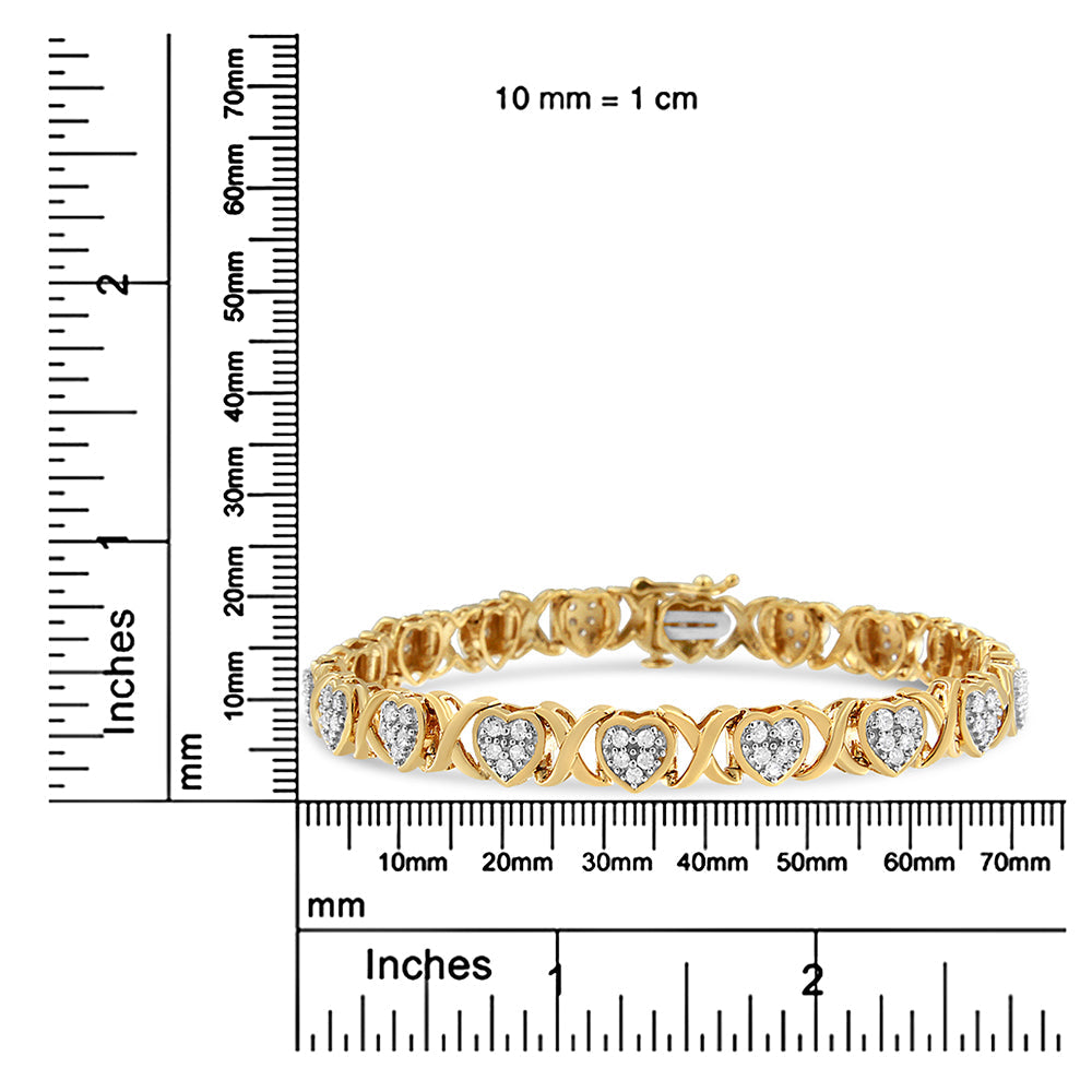 Pulsera de plata de ley 925 bañada en oro amarillo de 14 quilates con corazón de diamantes y eslabones en forma de X de 1,00 quilates (color IJ, claridad I3) - 7,25 pulgadas - Friggin Jewelry