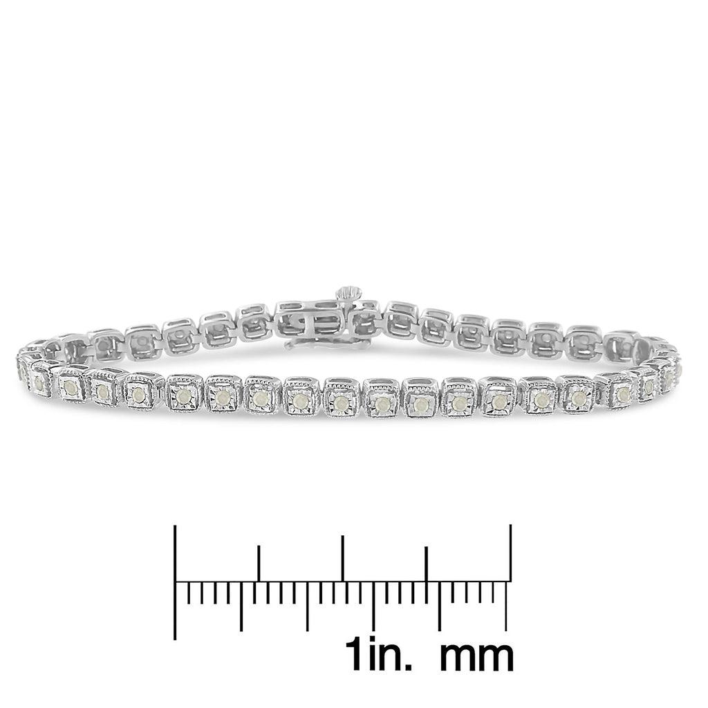 Pulsera de tenis de plata de ley 925 con diamantes de 1,0 ct y milgrain cuadrado de 18 cm (color IJ, claridad I3) - Friggin Jewelry