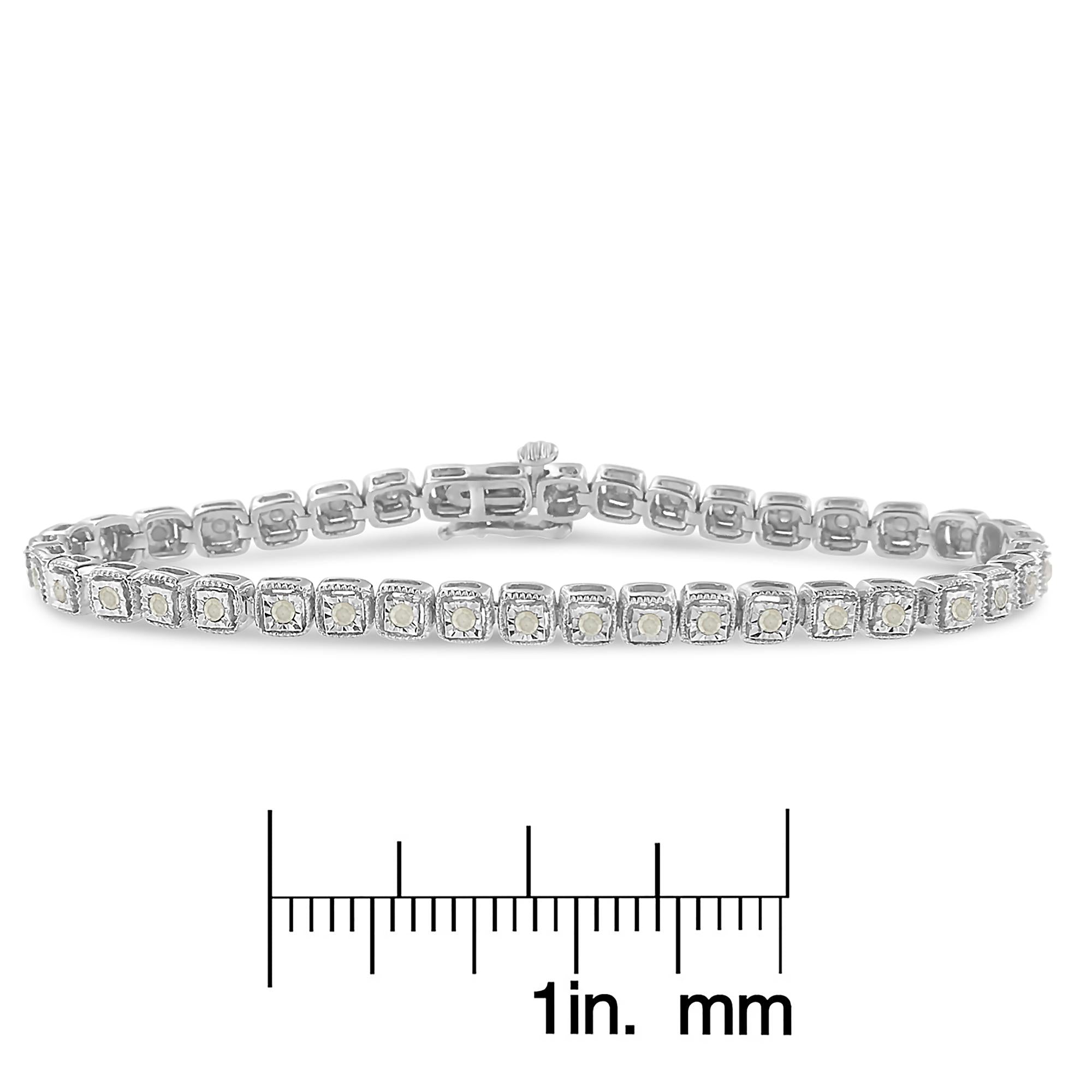 Pulsera de tenis de plata de ley 925 con diamantes de 1,0 ct y milgrain cuadrado de 18 cm (color IJ, claridad I3) - Friggin Jewelry