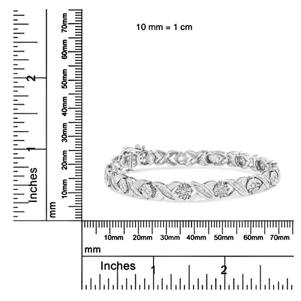 .925 Sterling Silver 1.0 Cttw Round-Brilliant and Baguette Cut Diamond Miracle-Set X-Link 7" Tennis Bracelet (I-J Color, I2-I3 Clarity) - Friggin Jewelry