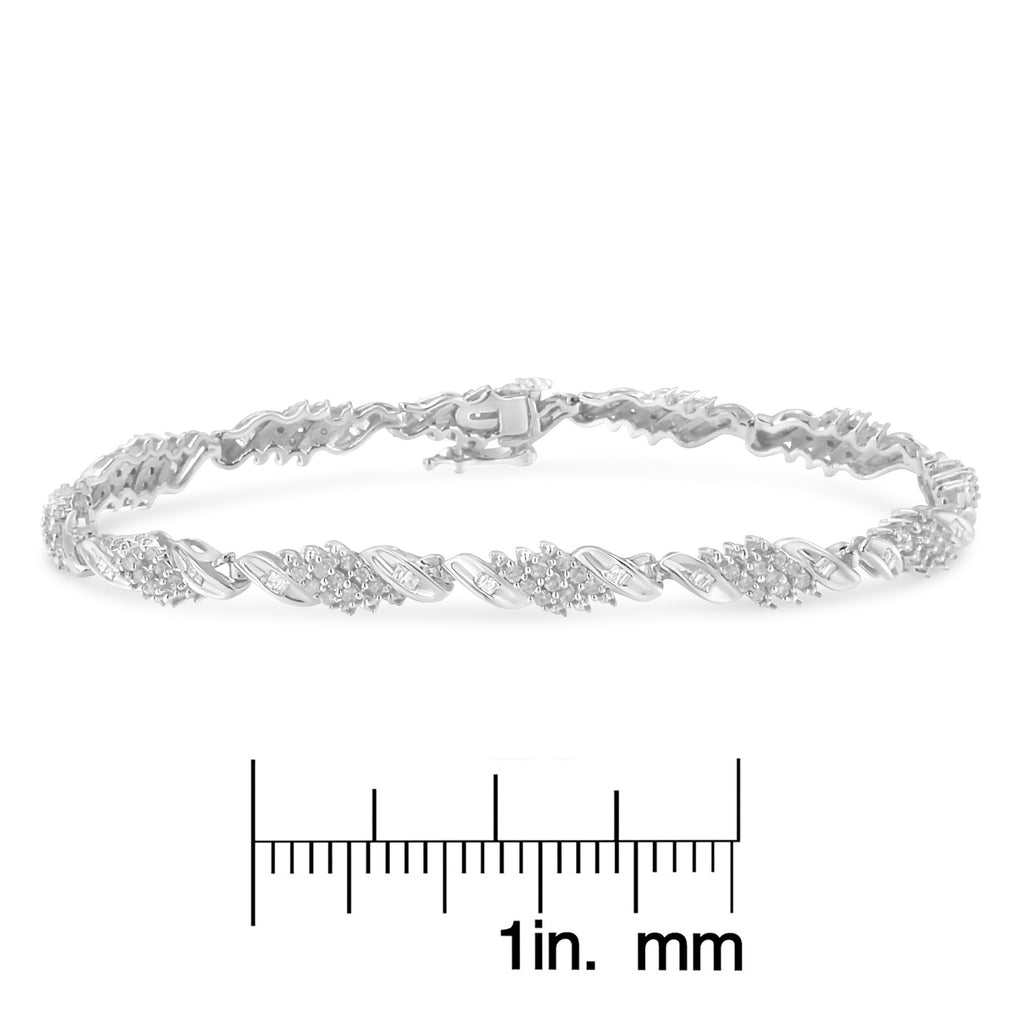 .925 Sterling Silver 1-1/2 Cttw Round and Baguette Cut Diamond Wave Link Bracelet (I-J Color, I2-I3 Clarity) - 7" - Friggin Jewelry
