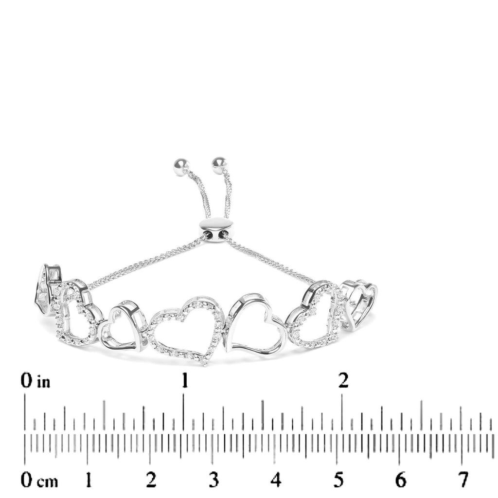 .925 Sterling Silver 1/4 Cttw Diamond Open Heart Link Adjustable Bolo Bracelet   (I-J Color, I2-I3 Clarity) - 4 to 10 Inches - Friggin Jewelry