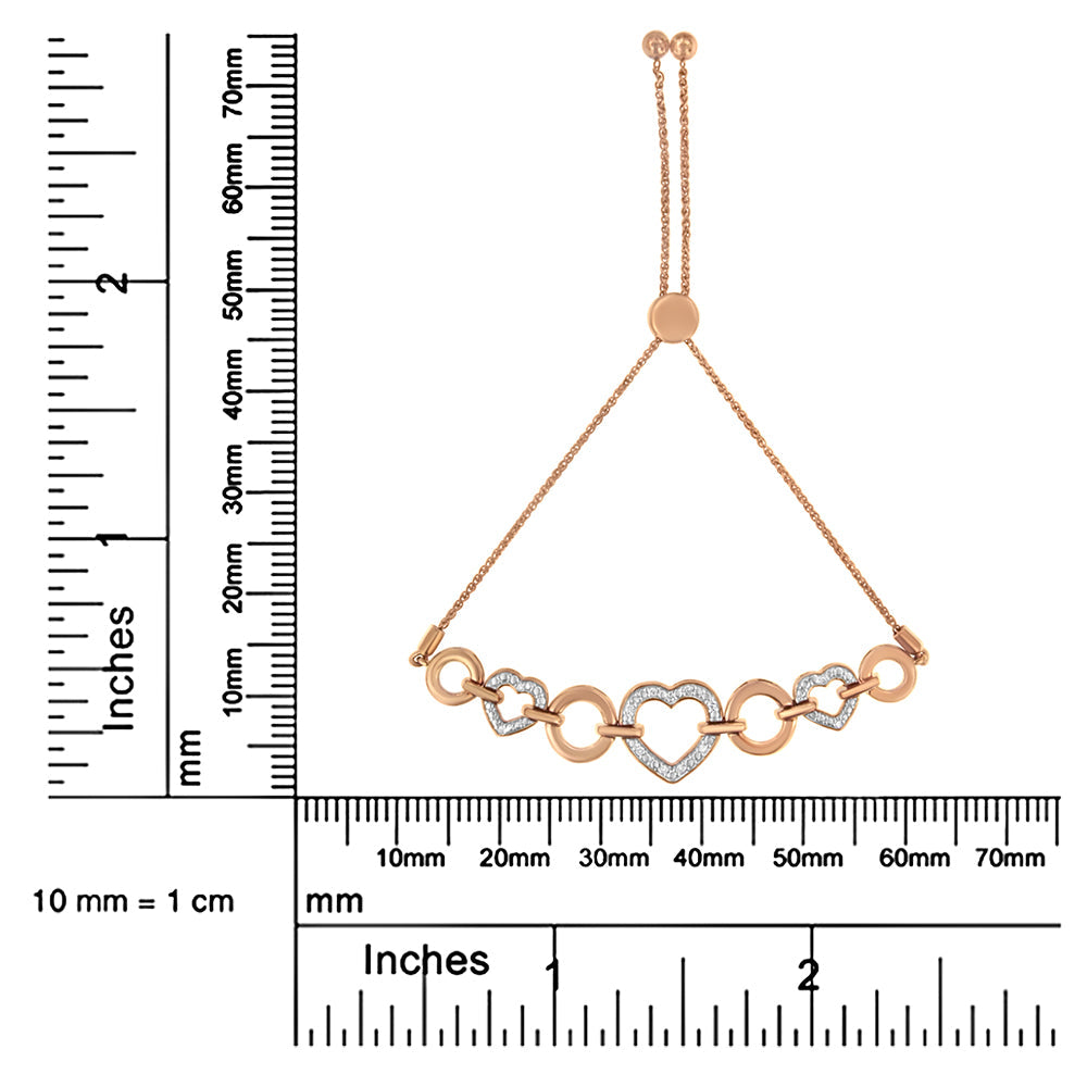 10K Rose Gold over .925 Sterling Silver 1/10 Cttw Round-Cut Diamond Heart Link Adjustable Bolo Bracelet (H-I Color, I2-I3 Clarity) - 6"-9" Adjustable - Friggin Jewelry