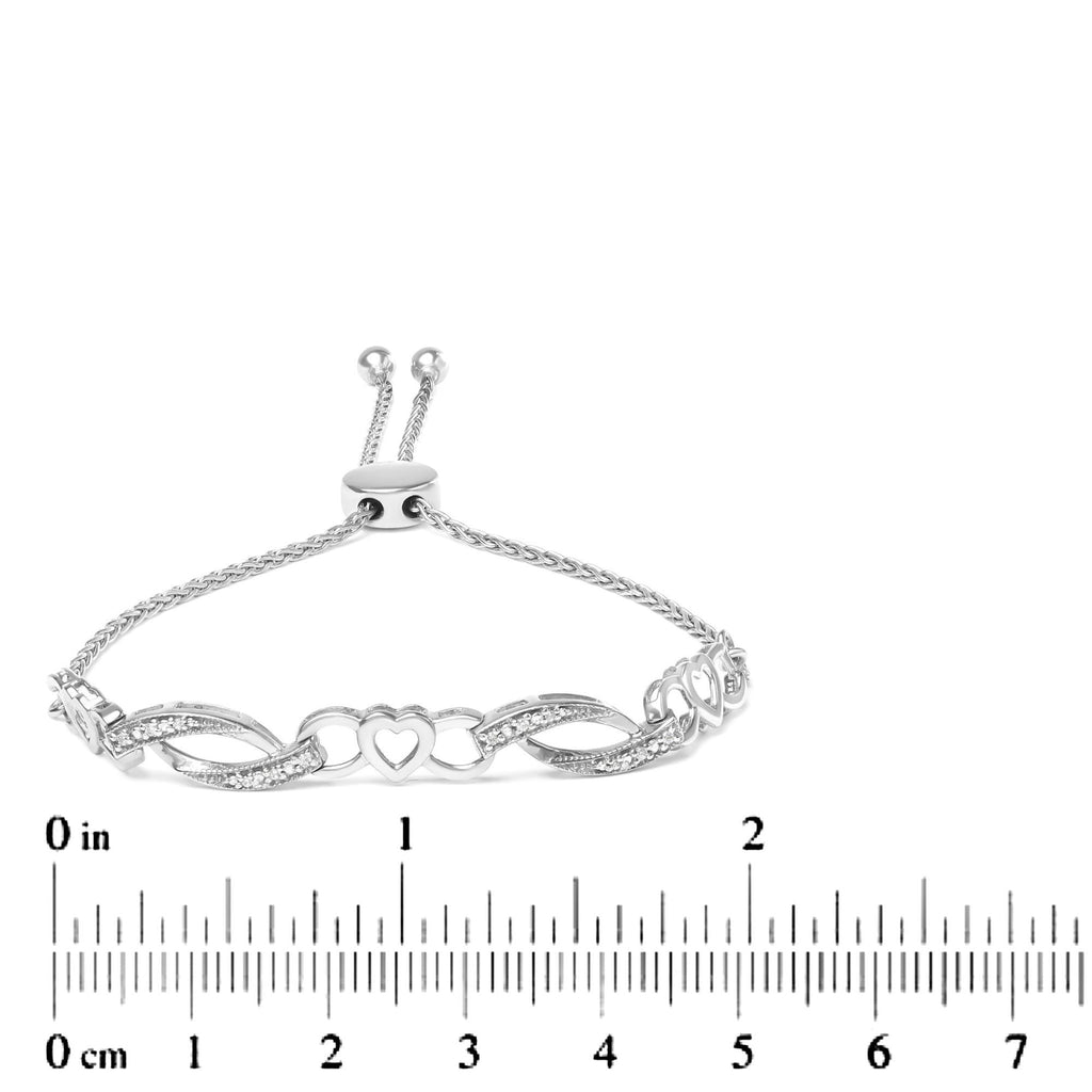.925 Sterling Silver 1/10 Cttw Diamond Heart Link Adjustable Bolo Bracelet (I-J Color, I2-I3 Clarity) - 4 to 10 Inches - Friggin Jewelry