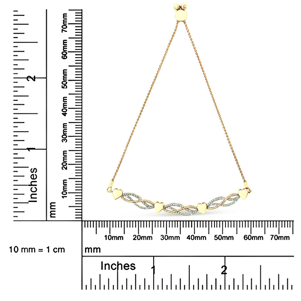14K Yellow Gold Plated .925 Sterling Silver 1/10 Cttw Diamond Wave and Hearts Bolo Bracelet (I-J Color, I2-I3 Clarity) - 4"-10" Adjustable - Friggin Jewelry