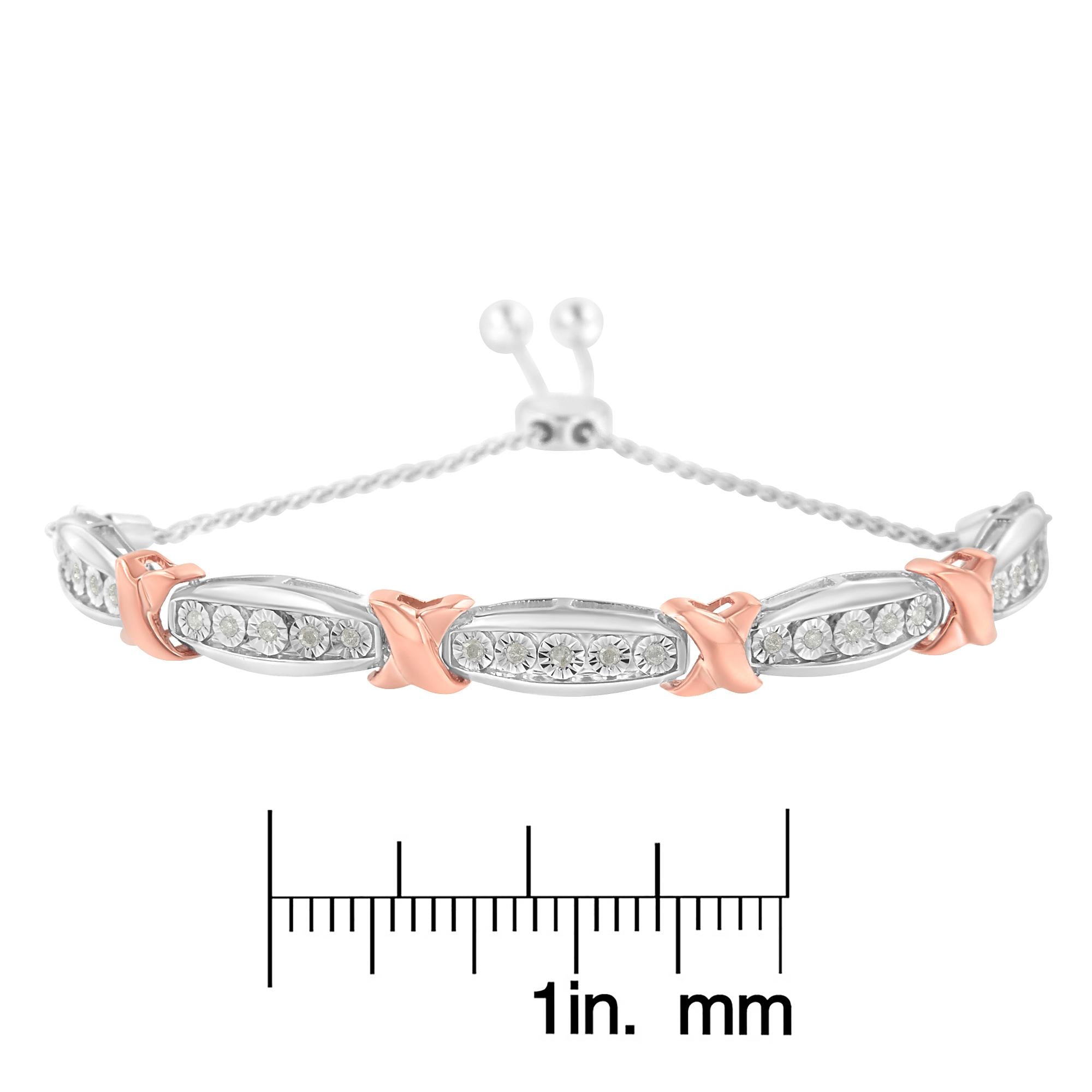 Bracciale Bolo Miracle-Set in argento sterling 925 con diamanti taglio rotondo da 1/4 ct e barra affusolata (colore IJ, purezza I3) - Oro rosa bicolore e argento - Friggin Jewelry