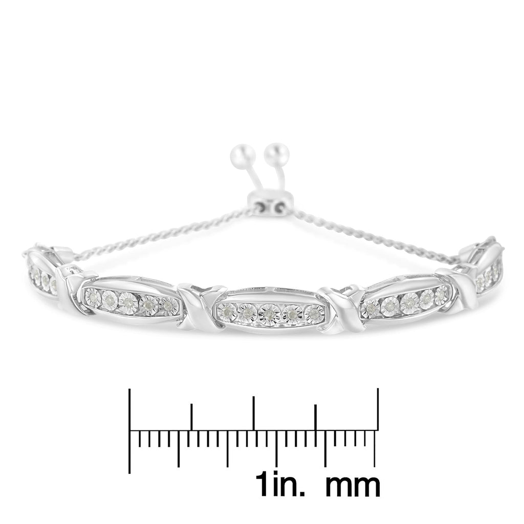 Pulsera bolo con diamantes de talla redonda en forma de X y barra cónica engastada milagrosamente (color IJ, claridad I3) - Plata de ley 925 - Friggin Jewelry