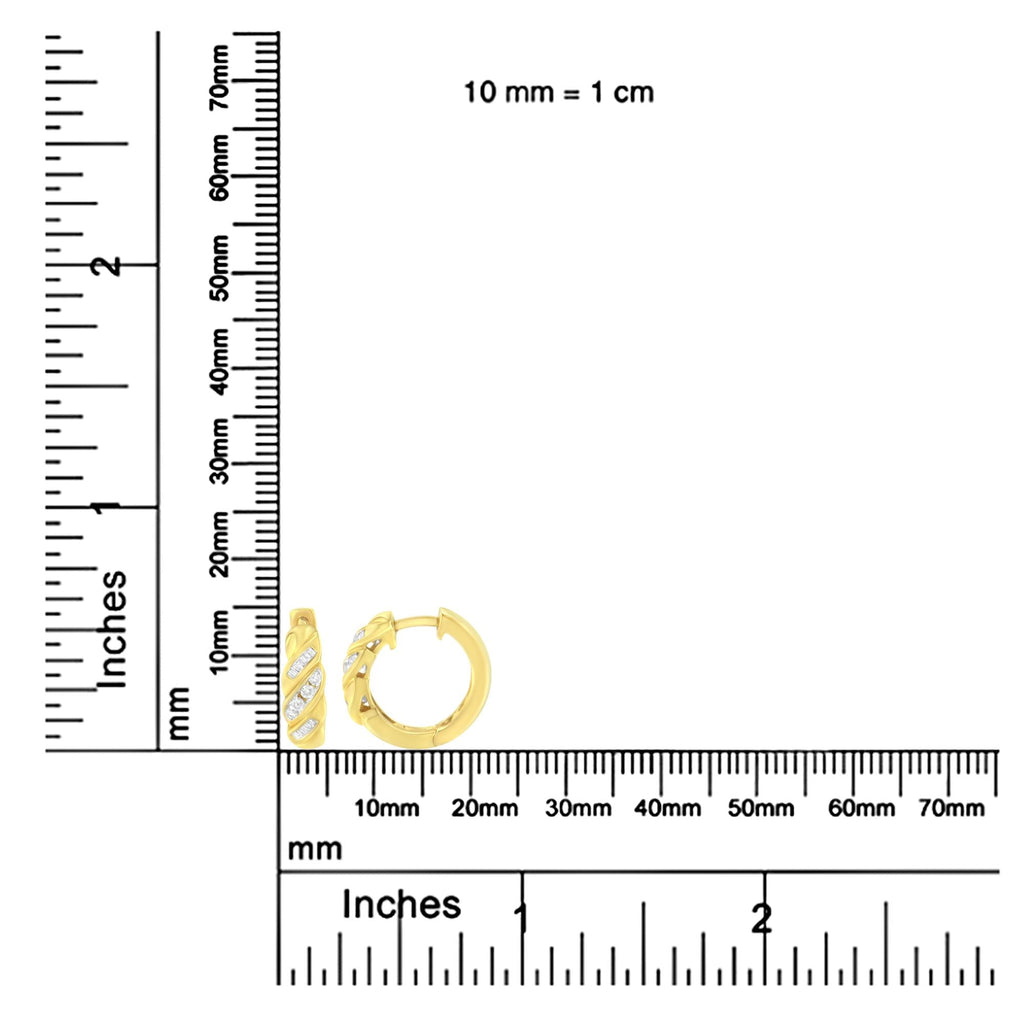 14K Yellow Gold 1/4 ct TDW Alternating 3 Row Baguette & Round Brilliant-Cut Diamond Huggy Hoop Earrings (H-I, I2-I3) - Friggin Jewelry