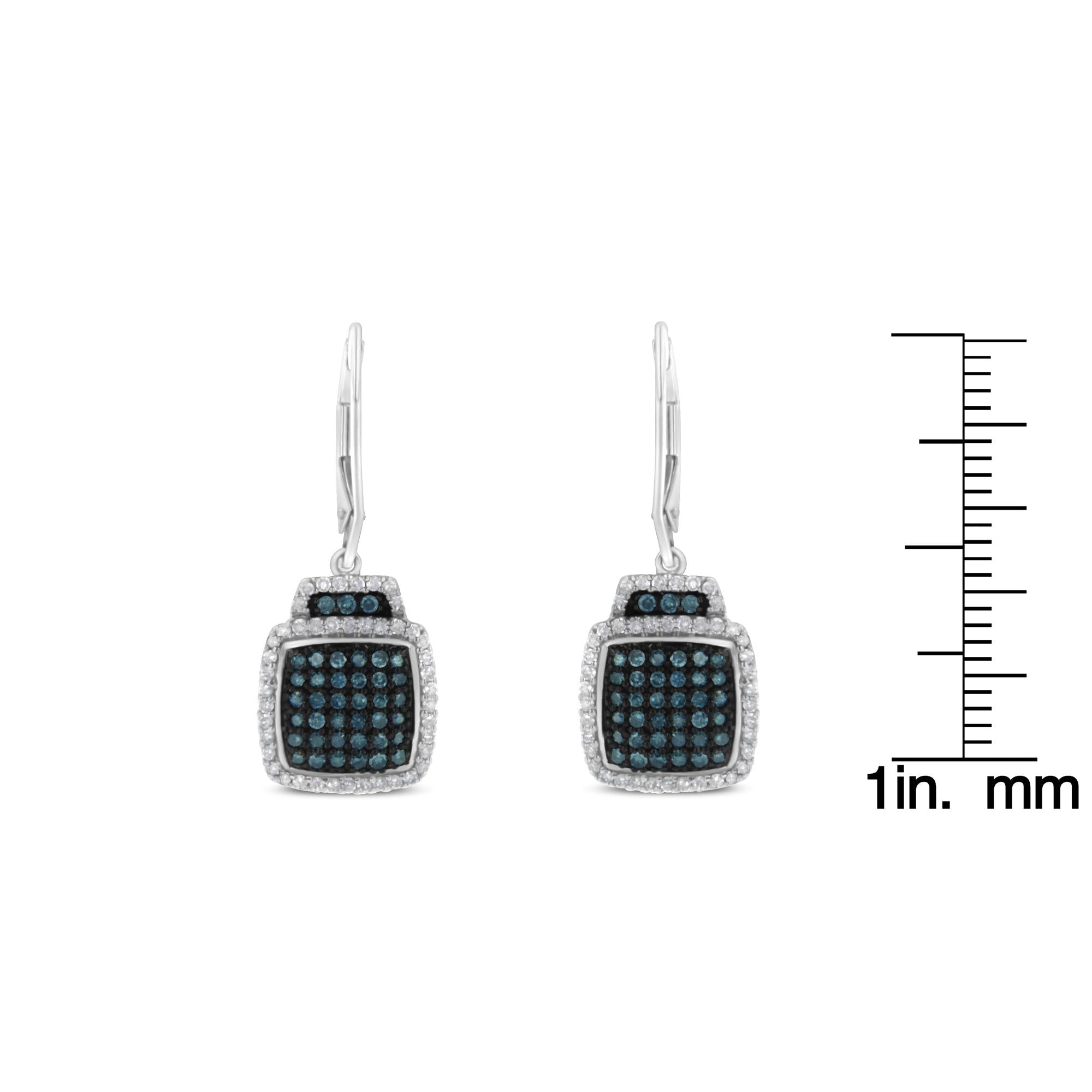 Black Rhodium over .925 Sterling Silver ¾ Cttw Blue and White Diamond Cushion Shaped Dangle Earrings (Enhanced Blue & I-J Color, I2-I3 Clarity) - Friggin Jewelry