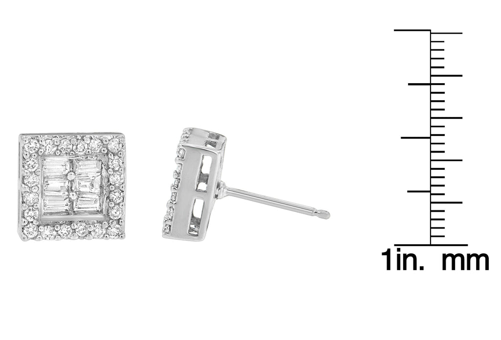 Orecchini a bottone in oro bianco 14 carati con diamanti taglio rotondo e baguette da 1 carato (HI, SI1-SI2) - Friggin Jewelry