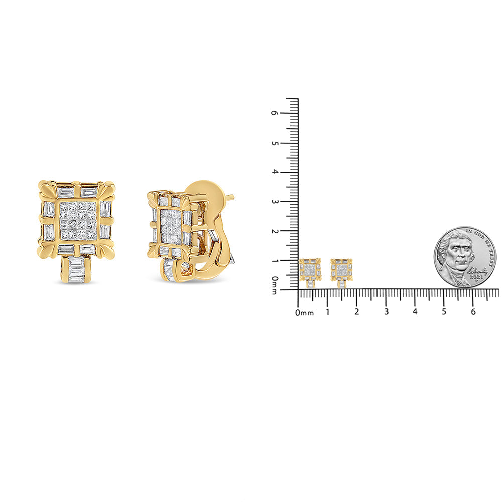 14K Yellow Gold 7/8 Cttw Princess and Baguette-Cut Diamond Square Framed Huggie Hoop Omega Earrings (H-I Color, SI1-SI2 Clarity) - Friggin Jewelry