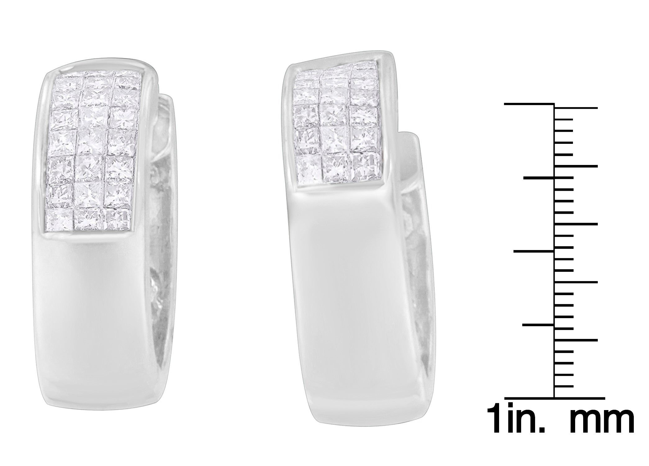 14K White Gold 1 1/8 cttw Princess and Round Cut Diamond Huggie Earrings (H-I, VS1-VS2) - Friggin Jewelry