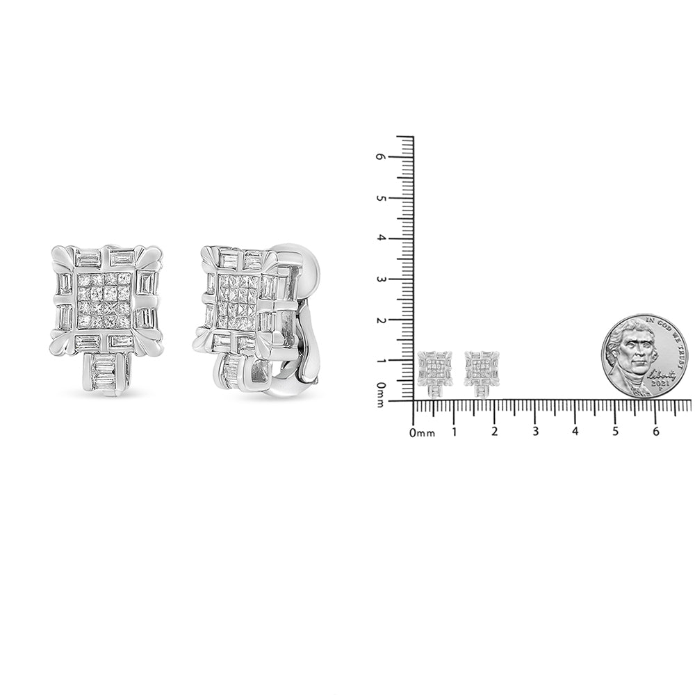 14K White Gold 1.0 Cttw Princess and Baguette-Cut Diamond Square Framed Huggie Hoop Omega Earrings (H-I Color, SI1-SI2 Clarity) - Friggin Jewelry