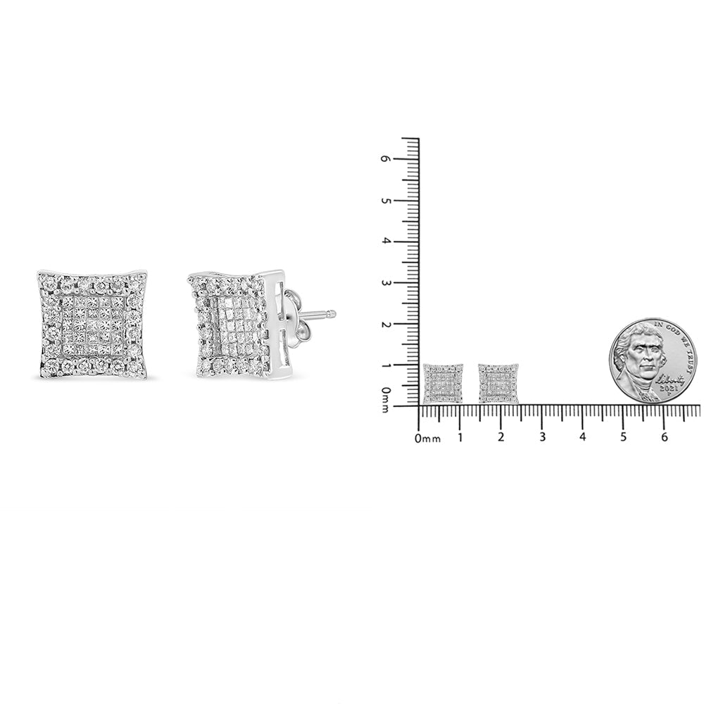 18K White Gold 1.00 Cttw Round and Princess-Cut Diamond Halo Square Stud Earring (G-H Color, SI1-SI2 Clarity) - Friggin Jewelry