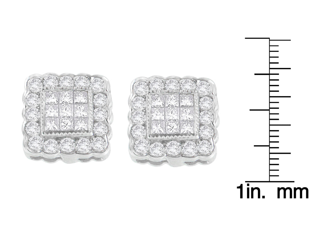 Orecchini a bottone con alone quadrato con cornice a bordo smerlato e diamanti taglio brillante e principessa da 1,0 ct in oro bianco 14 carati (colore GH, purezza SI1-SI2) - Friggin Jewelry