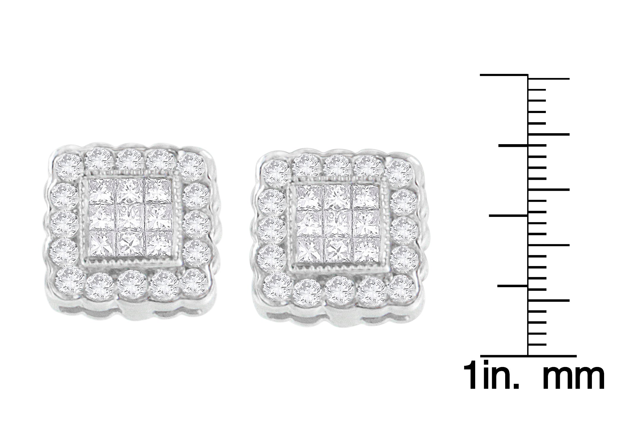 Aretes de oro blanco de 14 quilates con halo cuadrado enmarcado con diamantes de talla brillante y princesa de 1,0 quilates (color GH, claridad SI1-SI2) - Friggin Jewelry