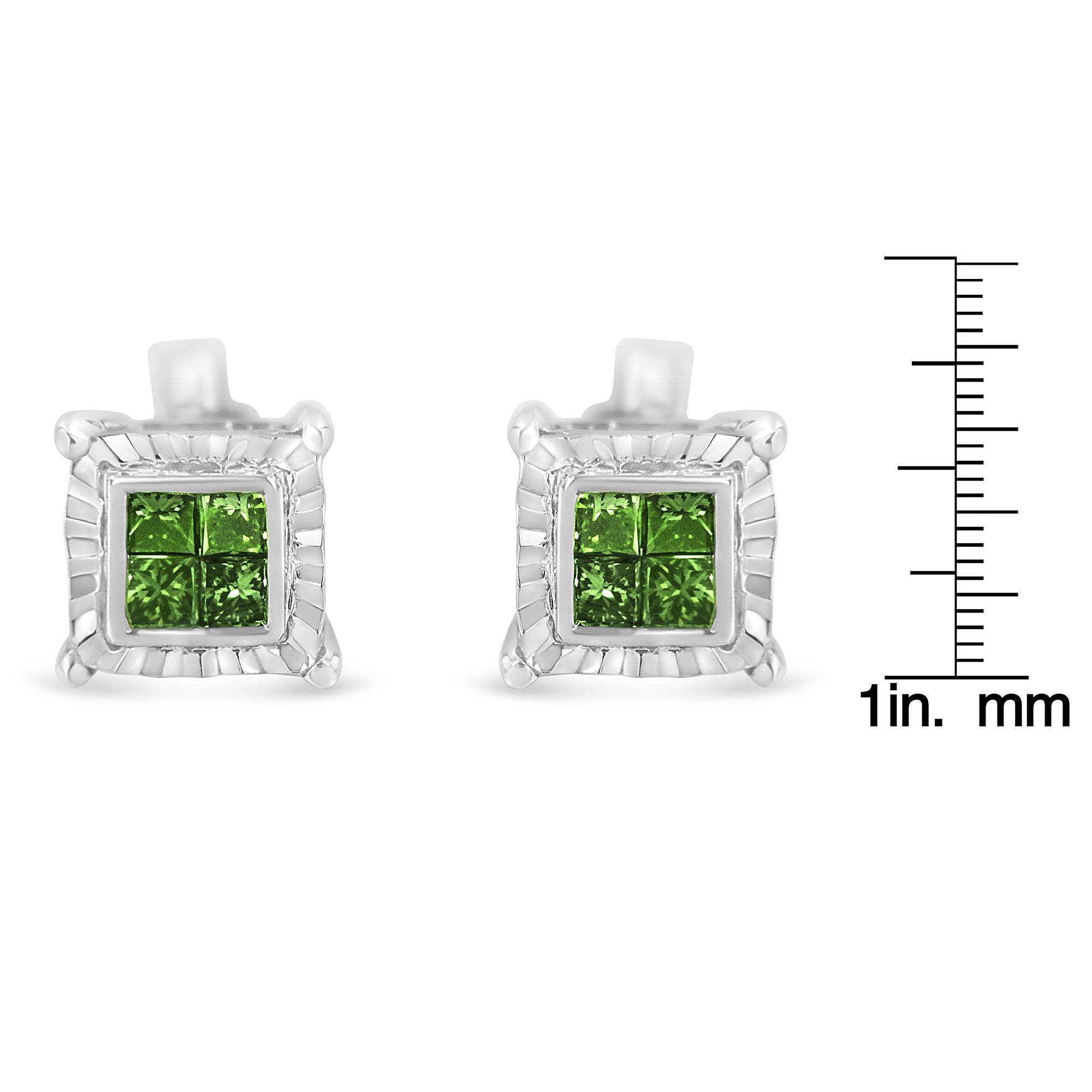 Sterling Silver Color Treated Princess Diamond Quad Stud Earring (1/2 cttw, Green Color, I1-I2 Clarity) - Friggin Jewelry