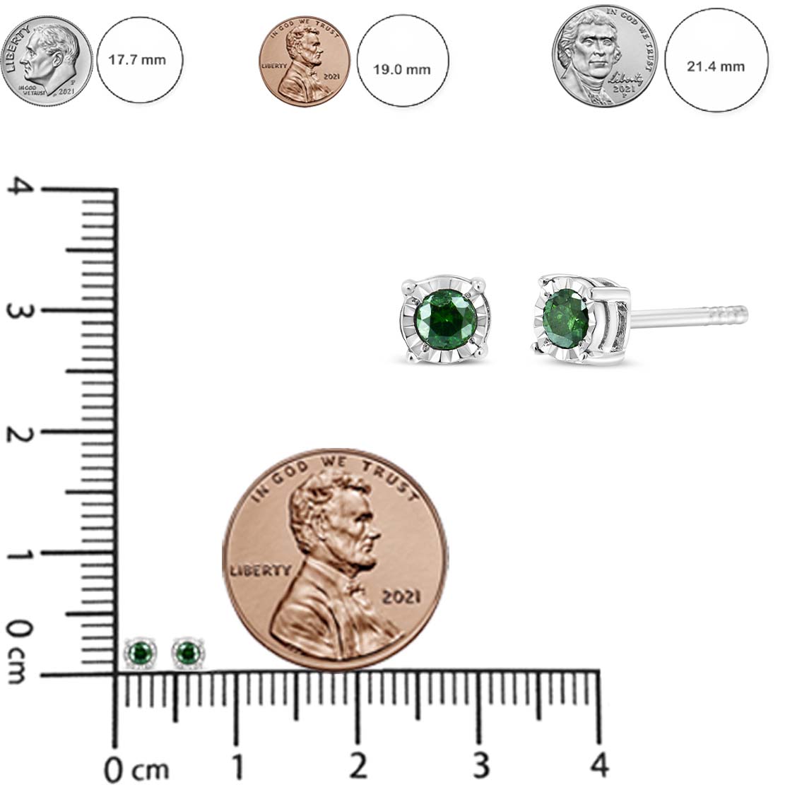 Pendientes solitarios de plata de ley con diamante verde tratado en talla rosa (0,25 cts, color verde, claridad I2-I3) - Friggin Jewelry