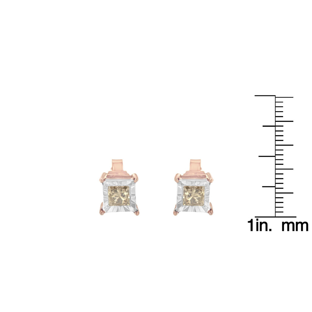 Aretes solitarios de 1/2 ct con diamantes cuadrados de talla princesa y baño de oro rosa de 14 quilates en plata de ley 925 de dos tonos (color KL, claridad I2-I3) - Friggin Jewelry
