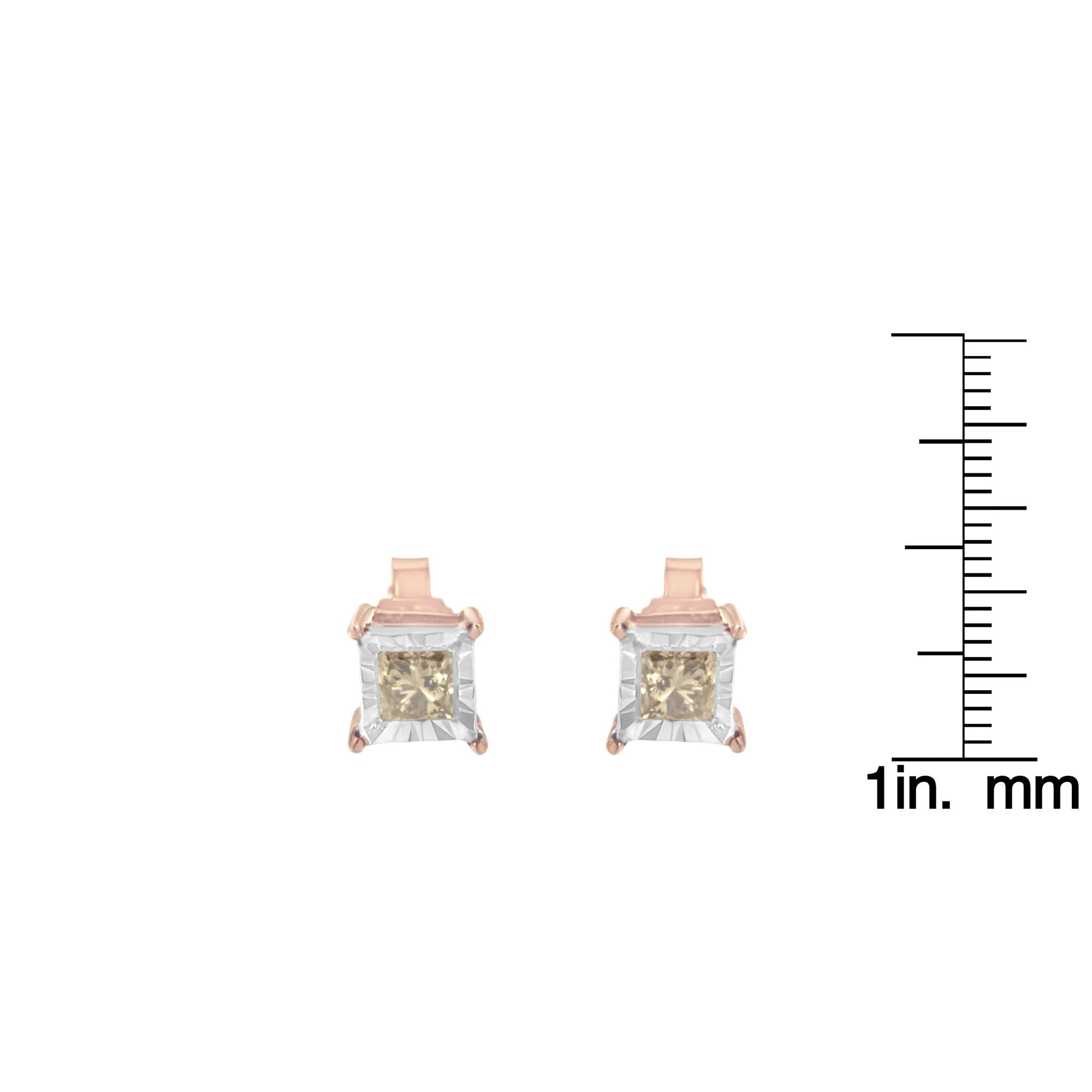 Aretes solitarios de 1/2 ct con diamantes cuadrados de talla princesa y baño de oro rosa de 14 quilates en plata de ley 925 de dos tonos (color KL, claridad I2-I3) - Friggin Jewelry