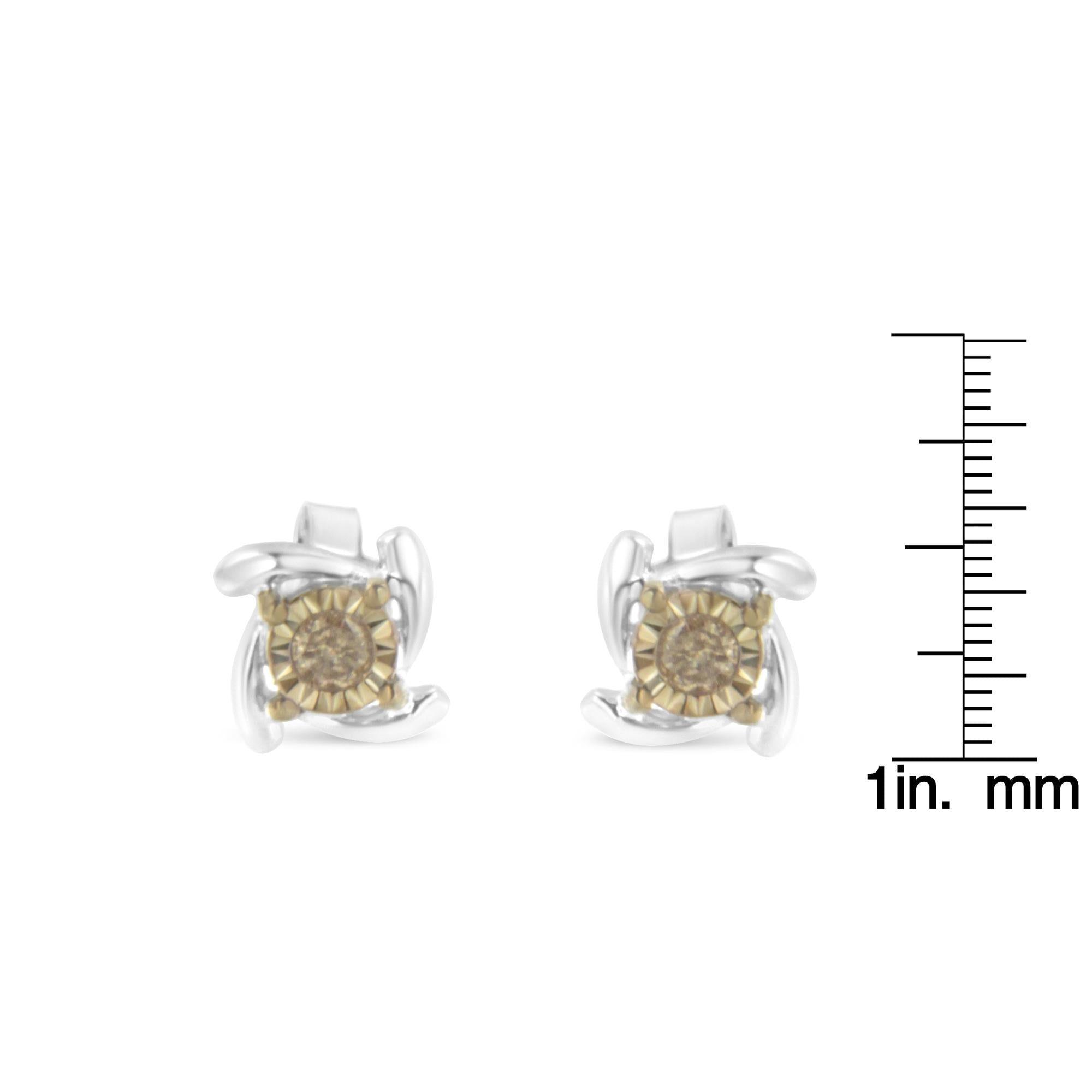 Pendiente de botón de diamantes en plata de ley bicolor (0,10 cts, color champán, claridad I2-I3) - Friggin Jewelry
