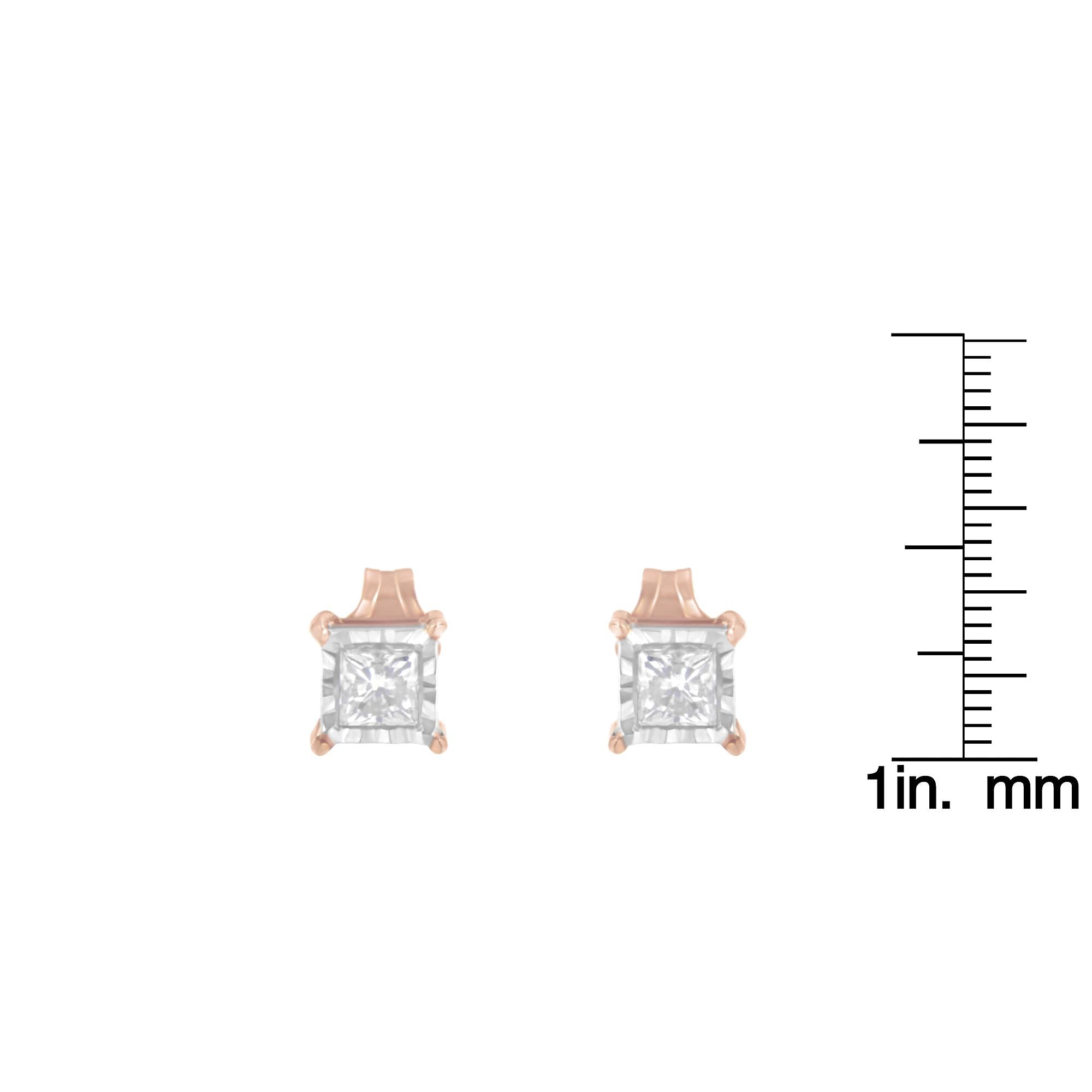 14K Rose Gold Plated Two-Tone .925 Sterling Silver 1/2 Cttw Princess-Cut Square Near Colorless Diamond Solitaire Miracle-Plate Stud Earrings (J-K Color, I2-I3 Clarity) - Friggin Jewelry