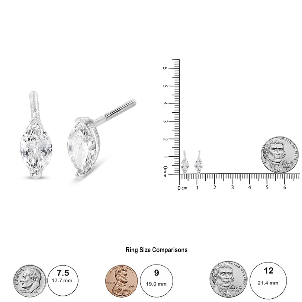 Aretes de oro blanco de 14 quilates con diamantes cultivados en laboratorio, solitarios de talla marquesa de 1/2 quilates y engaste de dos puntas (color FG, claridad VS2-SI1) - Friggin Jewelry
