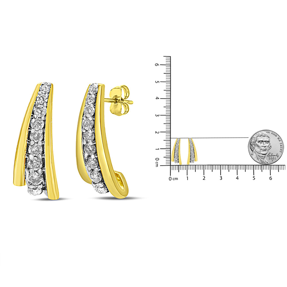 10K Yellow Gold Plated .925 Sterling Silver 1.00 Cttw Round Diamond Graduated Huggie Stud Earrings (I-J Color, I2-I3 Clarity) - Friggin Jewelry