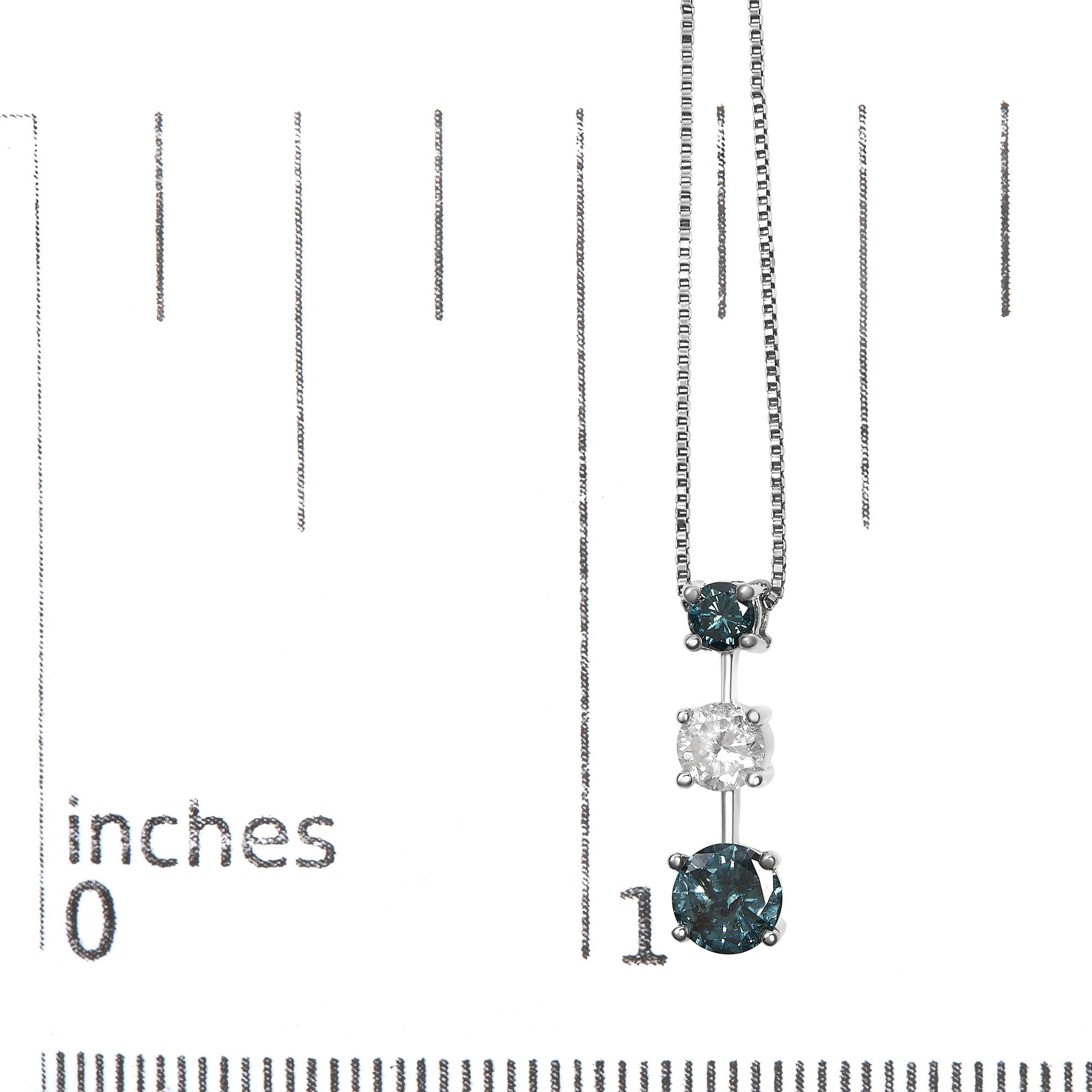 14K White Gold 1 1/2 Cttw Treated Blue and White Diamond 3-Stone 18" Pendant Necklace (Blue/H-I Color, I1-I2 Clarity) - Friggin Jewelry Premium