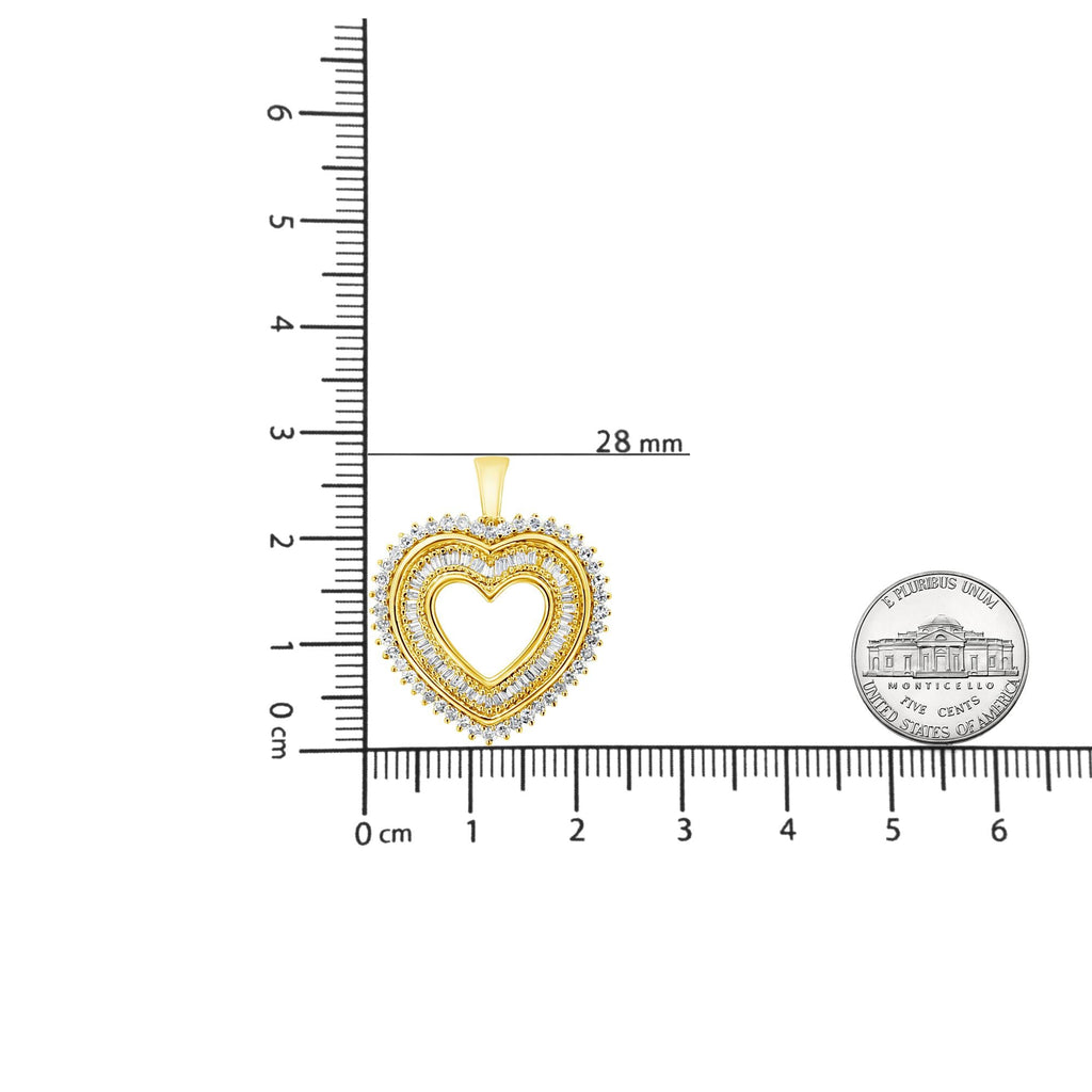 14K Yellow Gold Plated .925 Sterling Silver 1.0 Cttw Round and Baguette-Cut Diamond Composite Hearth 18" Pendant Necklace (I-J Color, I1-I2 Clarity) - Friggin Jewelry