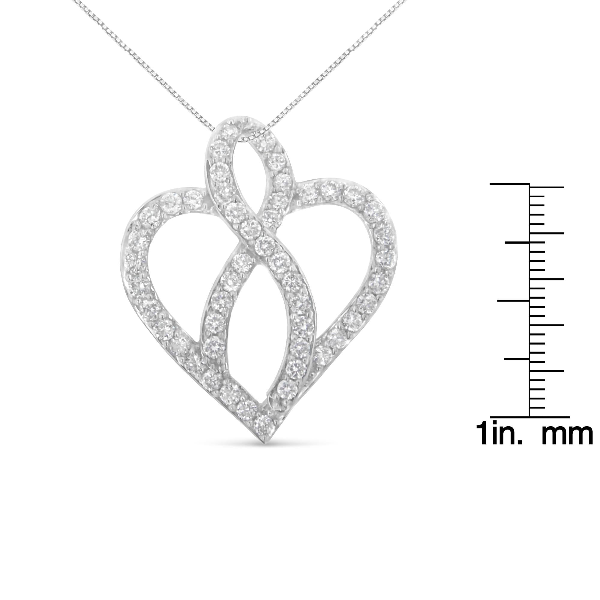 14KT White Gold 1 cttw Diamond Heart Ribbon Pendant Necklace (H-I, I1-I2) - Friggin Jewelry Premium