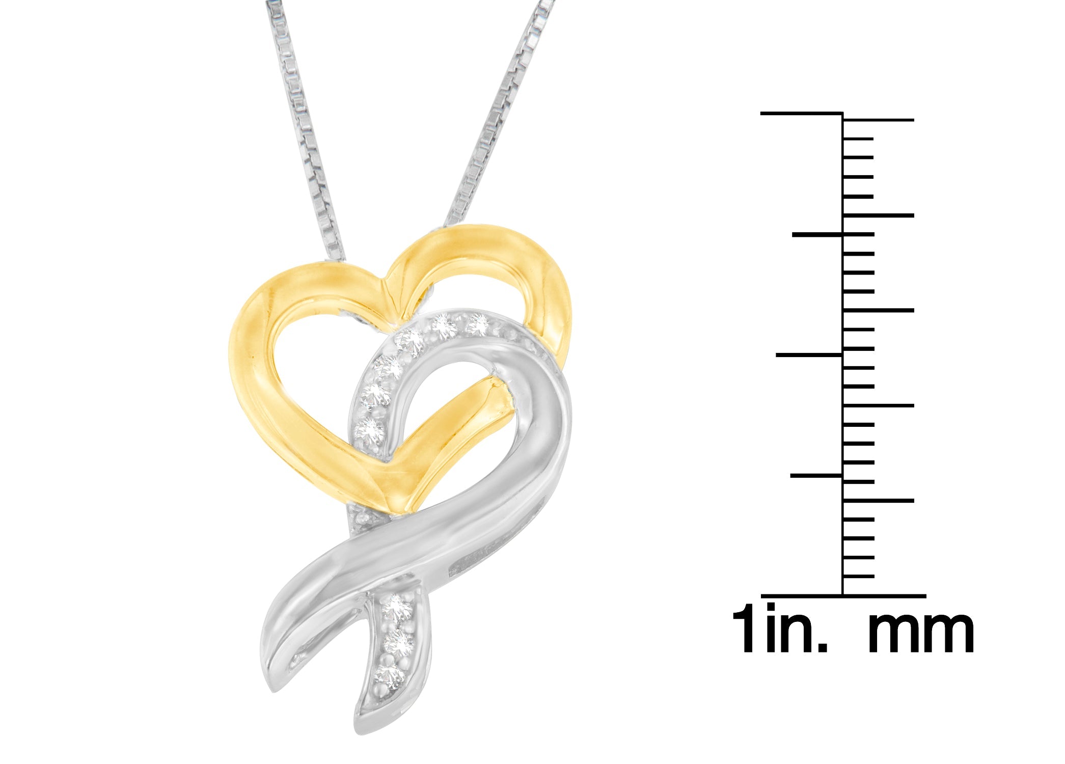 10K Yellow Gold and .925 Sterling Silver 1/20 cttw Diamond Ribbon-Heart Pendant Necklace (H-I, I1-I2) - Friggin Jewelry