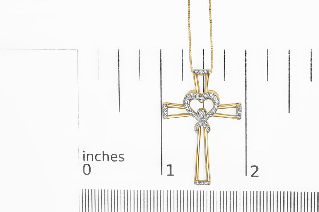 14K Yellow Gold Plated .925 Sterling Silver 1/6 Cttw Diamond Interlocking Heart and Ribbon Cross Pendant Necklace (H-I Color, I2-I3 Clarity) - 18" Inches - Friggin Jewelry