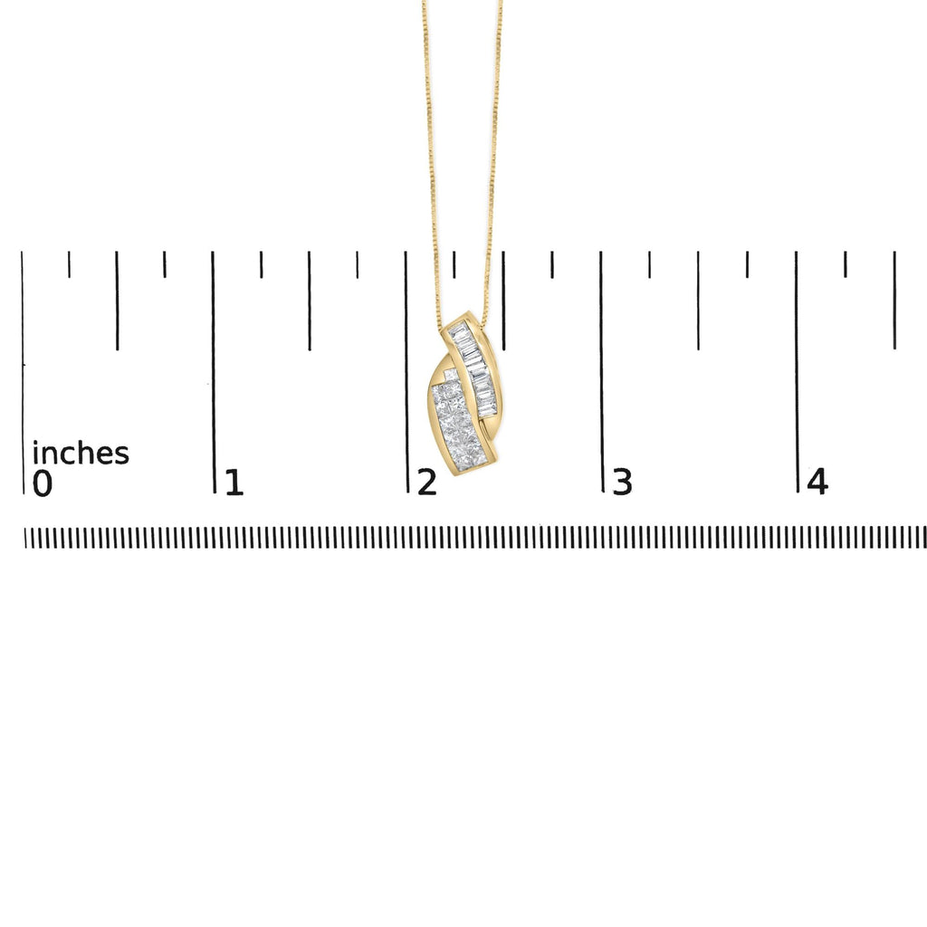 14k Yellow Gold 1 1/3 Cttw Princess and Baguette-cut Diamond Double Curved Pendant Necklace (H-I Color ,VS1-VS2 Clarity) - Chain Not Included - Friggin Jewelry Premium
