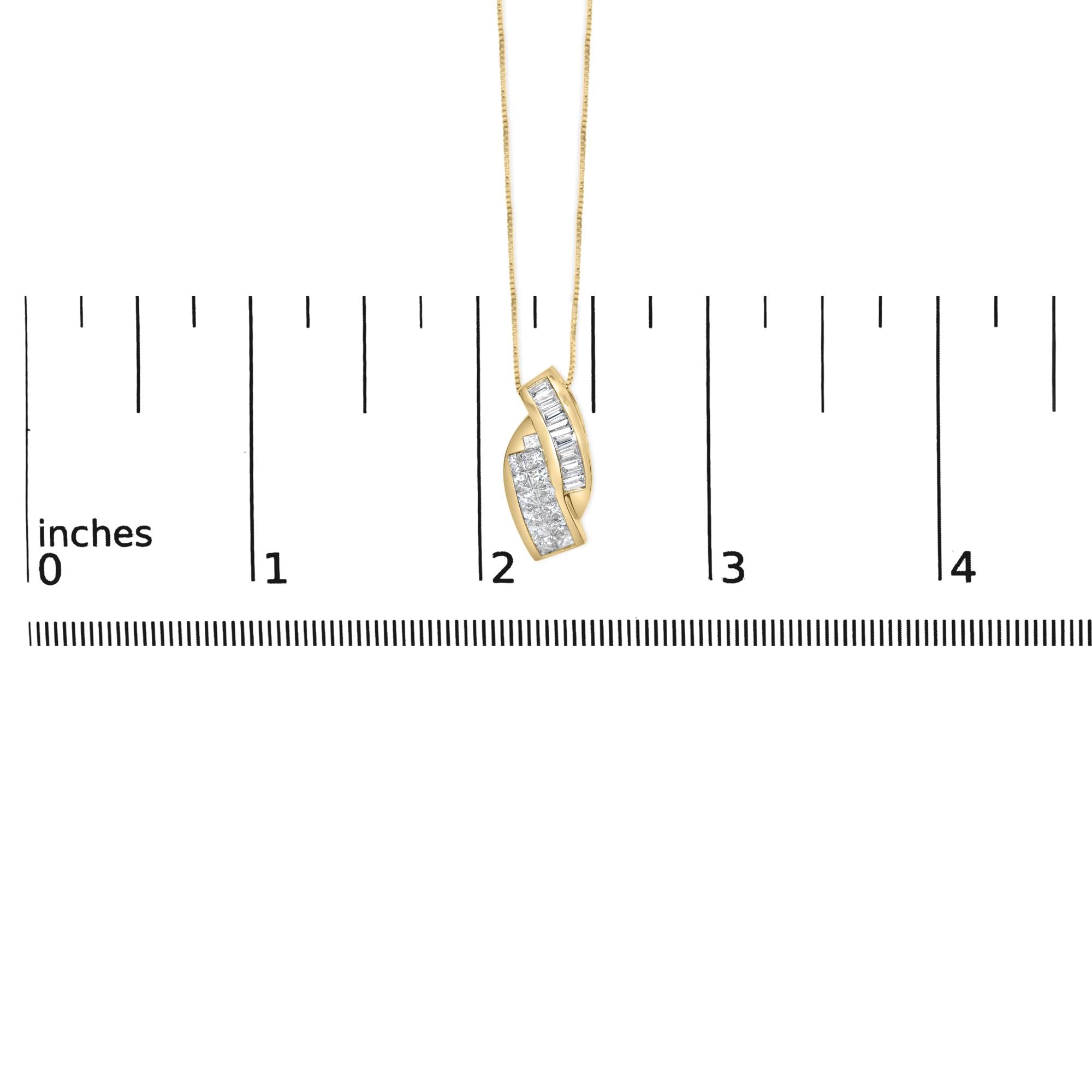 14k Yellow Gold 1 1/3 Cttw Princess and Baguette-cut Diamond Double Curved Pendant Necklace (H-I Color ,VS1-VS2 Clarity) - Chain Not Included - Friggin Jewelry Premium