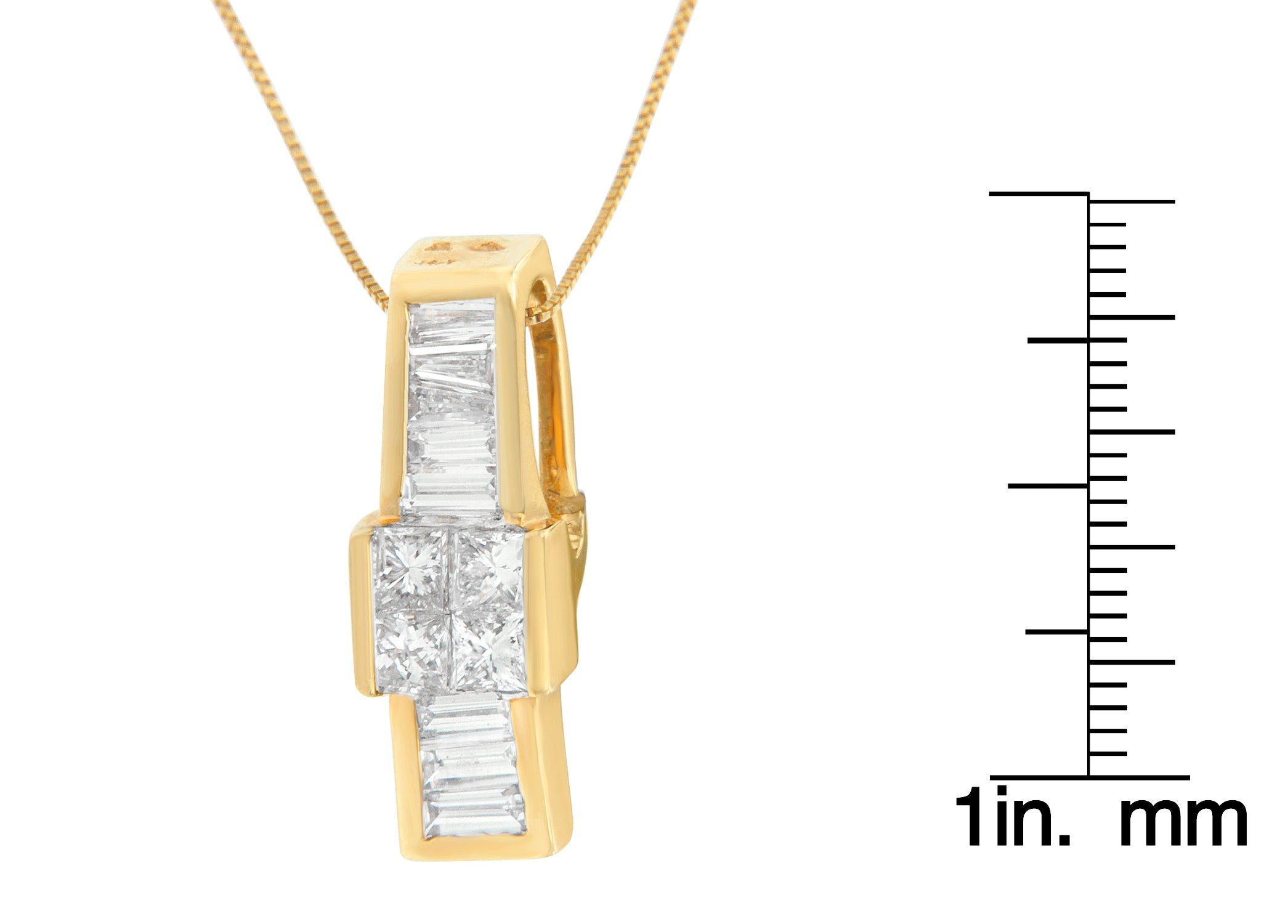 Collana con pendente a goccia sovrapposto in oro giallo 14 carati con diamanti taglio baguette e taglio principessa da 1 1/10 ct (HI, SI1-SI2) - Friggin Jewelry